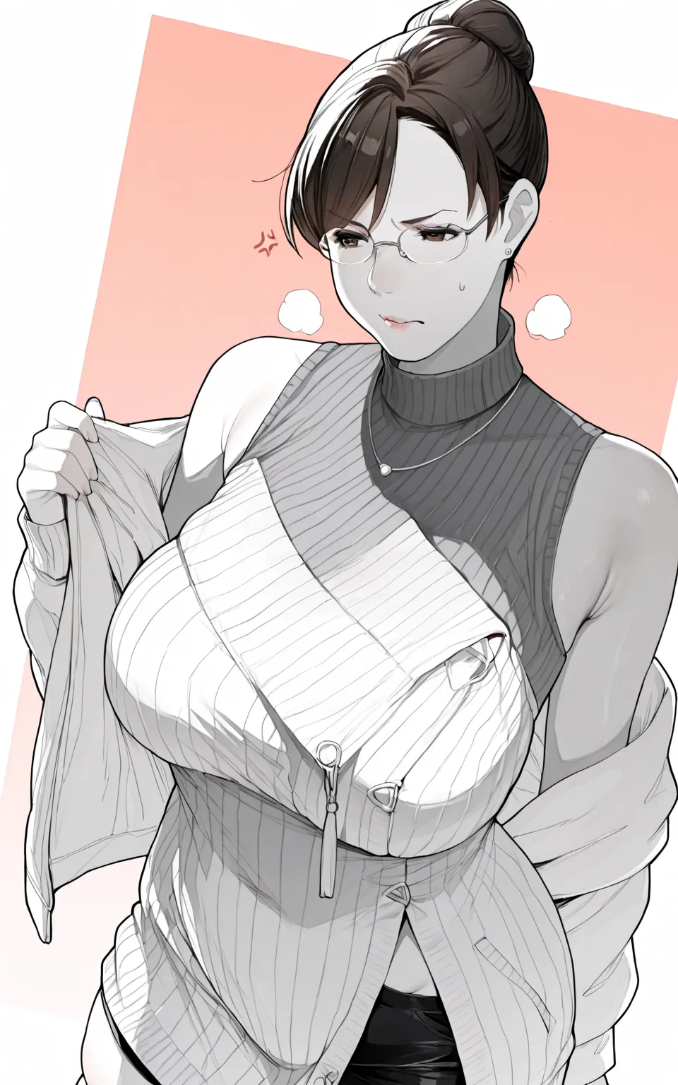 Sakuranotomoru, (horori_(halloweenday309)-style:1.2), ((anatomical correct)), (lineart:1.2), ((monochrome, greyscale, manga-style, spot colors, brown eyes)), perfect body, perfect eyes, perfect fingers, gasping, heavy breathing, gasping profusely, ((skinde...