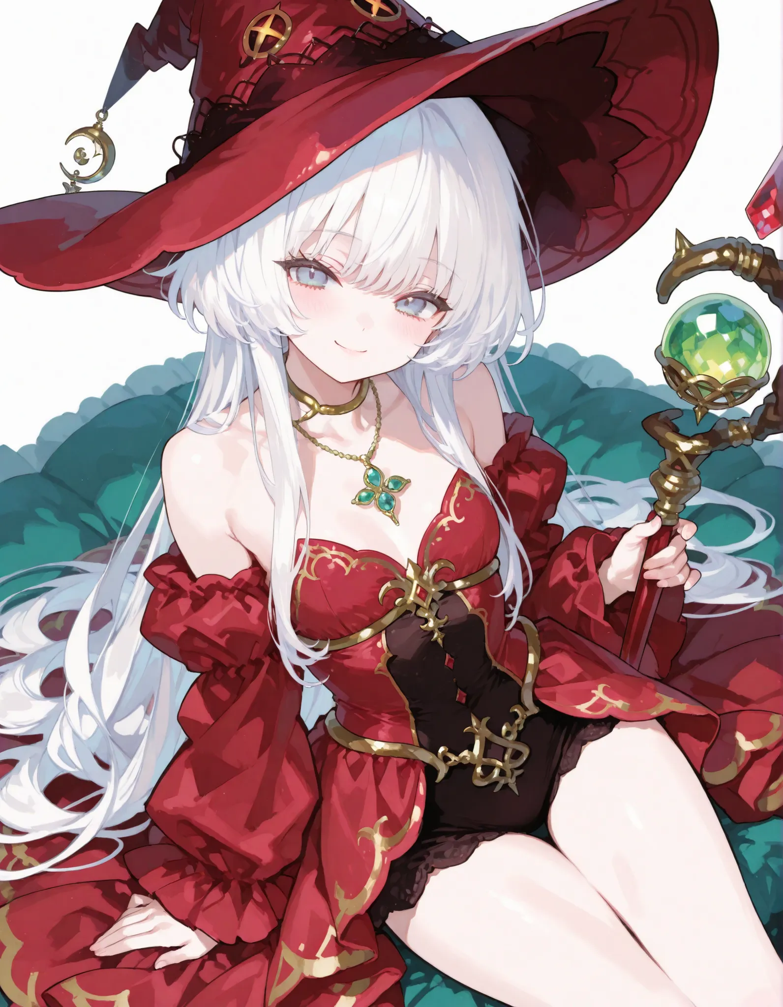 Masterpiece, She has a red witch hat, white hair, light blue eyes, an emerald necklace, and a long golden staff, girly, cute, ((smile)), elaborate costumes