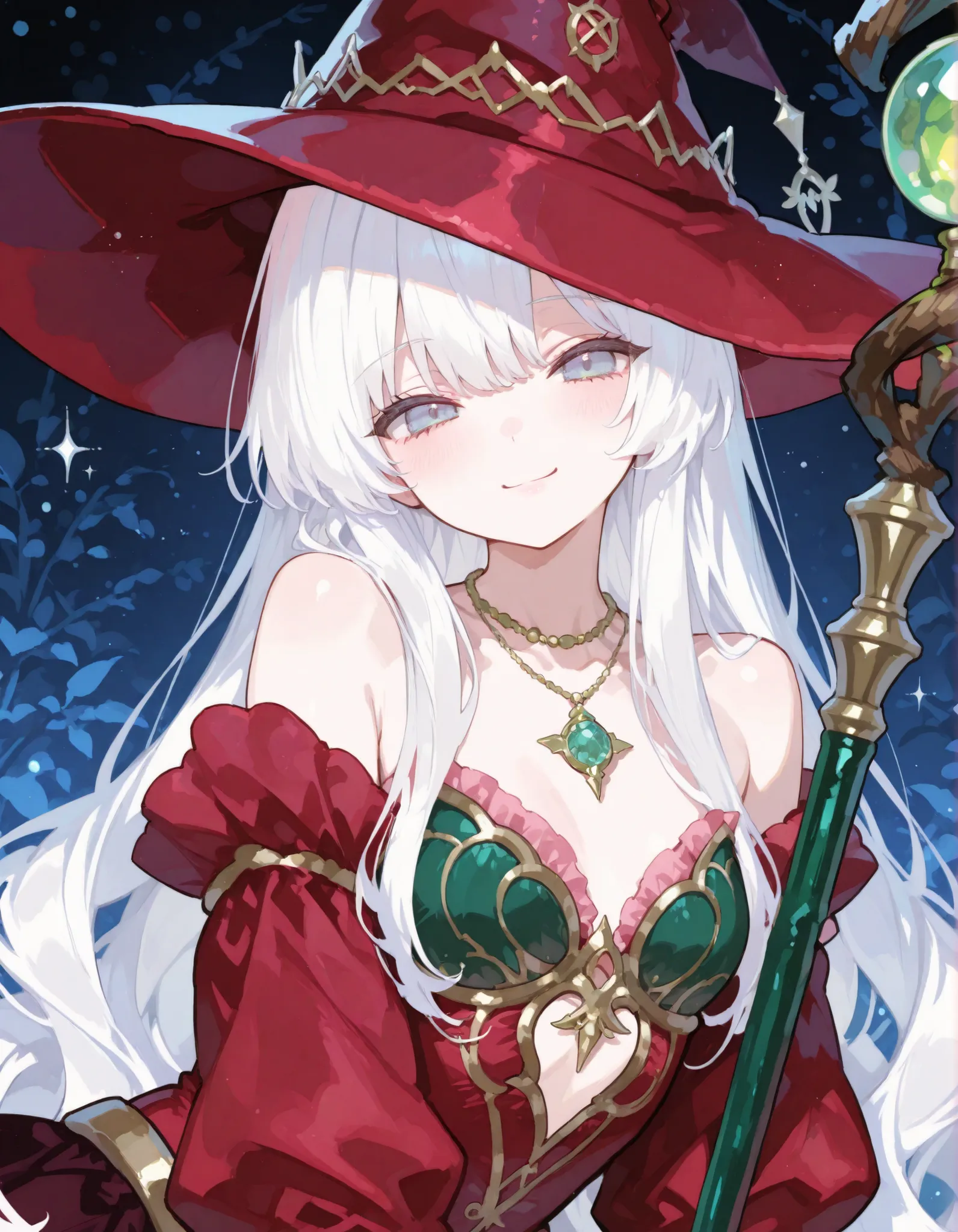 Masterpiece, She has a red witch hat, white hair, light blue eyes, an emerald necklace, and a long golden staff, girly, cute, ((smile)), elaborate costumes