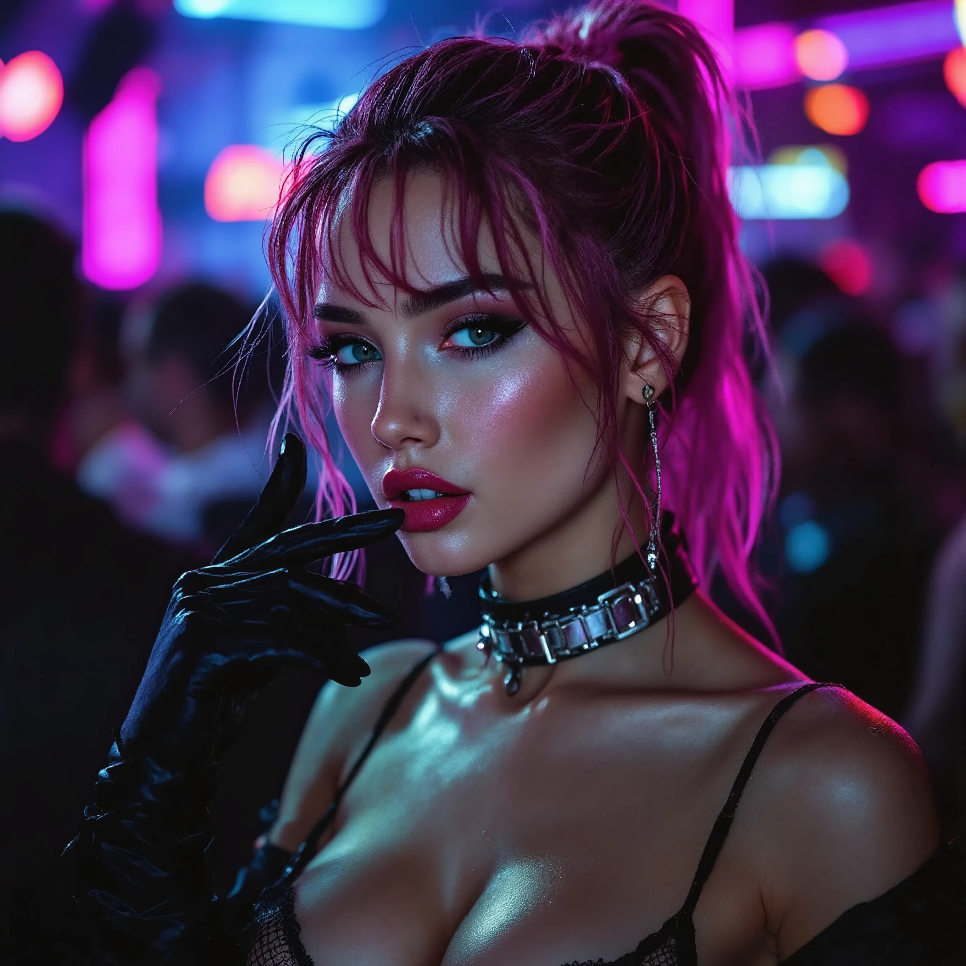 Full shot of an athletic 20 year old eurasian woman. She has a ponytail haircut. She has a daddy's girl leather collar. She has black long satin gloves. She has a rave look and pink hairs. INTRICATE, , gorgeous girls, cute girls, girl, cute, best quality, ...
