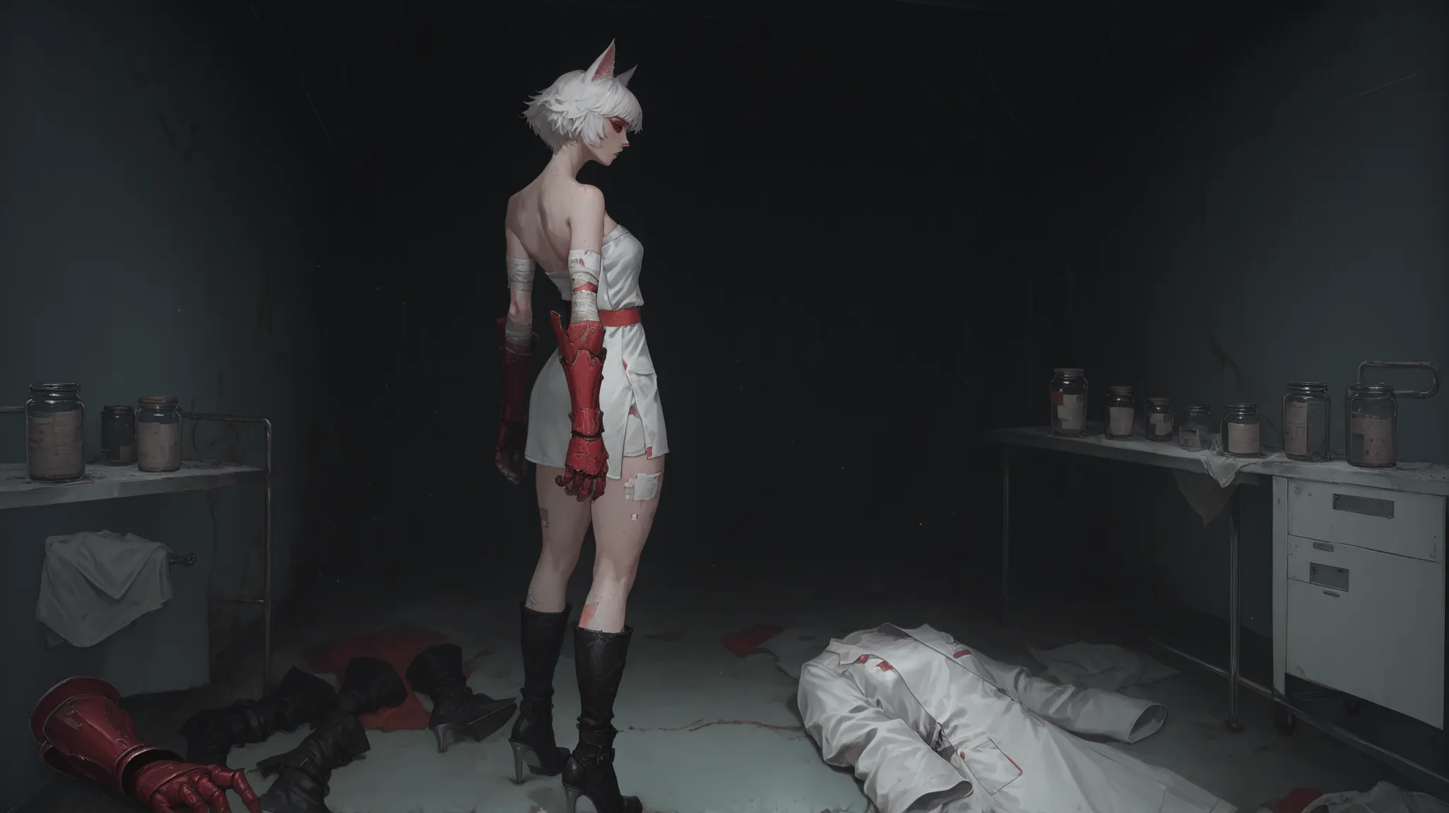 alone, alone, Beautiful girl with cat ears, short white hair, with bangs, ojos rojos, sharp eye, beautiful skin, extremely nice body, ,((pretty face)),  alone, alone, (A white hospital patient coat without sleeves, bare shoulders jar, Worn clothing), (band...