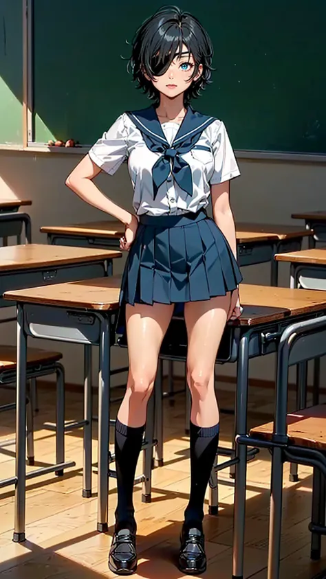((solo, 1woman, ((himeno, hmn1, eyepatch, short hair, black hair, blue eye, messy hair )), Extremely detailed, ambient soft lighting, 4k, perfect eyes, a perfect face, perfect lighting, a 1girl)), ((solo, (1woman, lipstick), Extremely detailed, ambient soft lighting, 4k, perfect eyes, a perfect face, perfect lighting, a 1girl)), , ((fitness,, shapely body, athletic body, toned body)), , (((Cute High School Girl, full body, gyaru, gal schoolgirl, school uniform, smug, class room)))