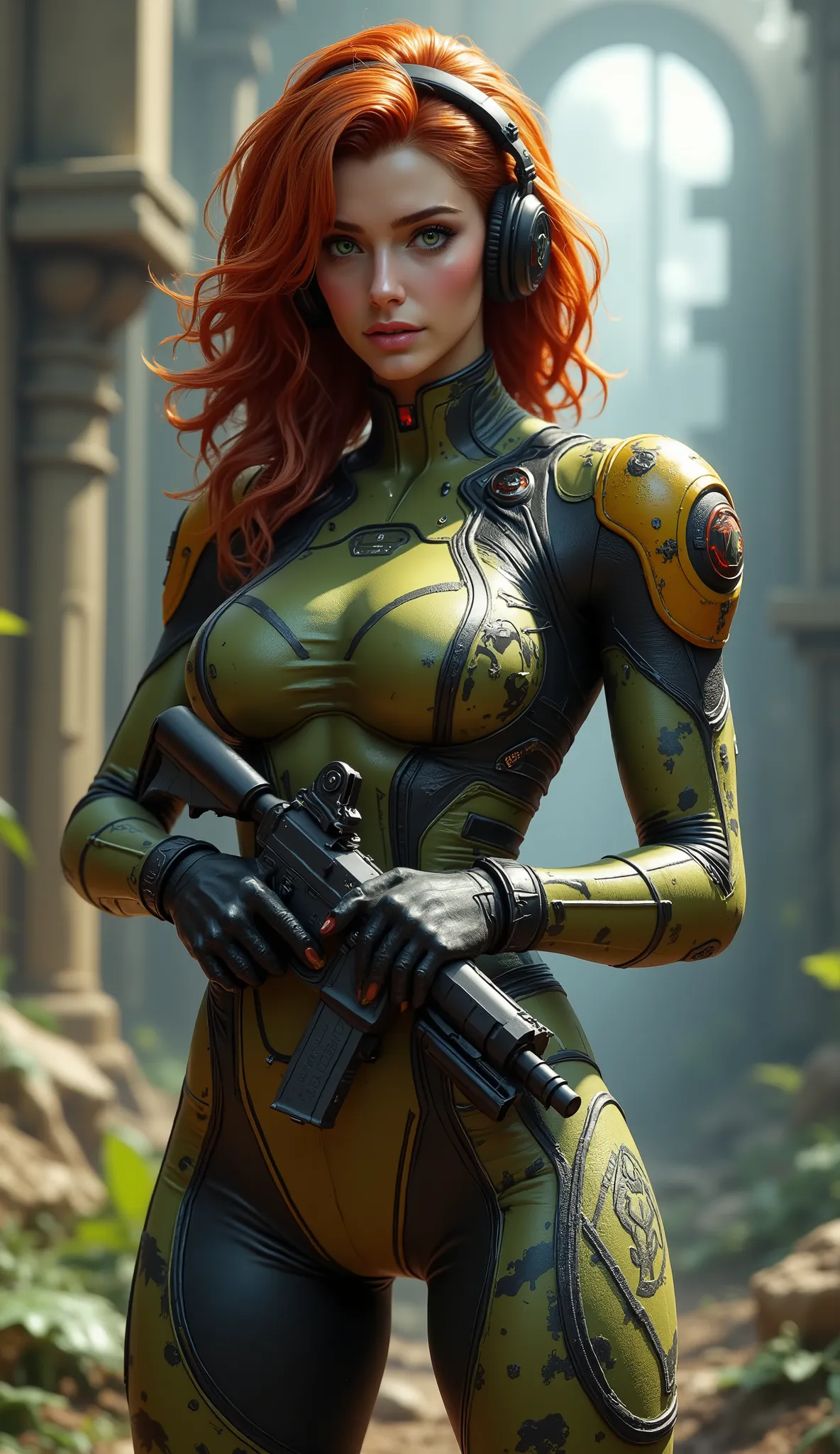 Full image of a 20 year old woman, high quality, 4k, she is a futuristic warrior, very pretty, redhead with abundant hair that reaches her waist, her wavy hair falls over her small breasts. Bangs, very detailed layered hair. Very detailed green eyes, sensu...