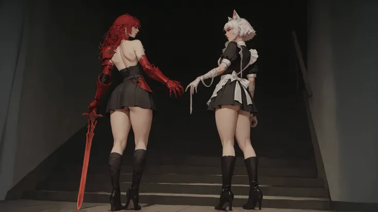 Beautiful girl with cat ears, short white hair, with a long side fringe, ojos rojos, sharp eye, beautiful skin, extremely nice body, ,((pretty face)),   A maid's uniform, short skirts, (maid) , (A big, red gauntlet on the right arm), (left arm without gaun...