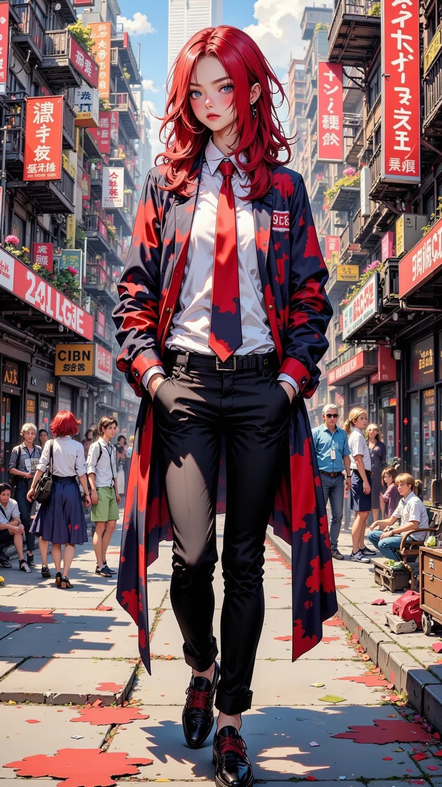  girl，solo，red hair，hair combed backwards，Thick eyebrows，dark blue eyes，Fine eyes，Slight lips，clown makeup，
Colored suit，formal shirt，tie，Formal Shoes，
Chainsaw，weapons，拿著Chainsaw，肩扛Chainsaw，
walk、casual pose、Hands in pockets、 Confident posture 、looking at the audience、Fake Smile、 Serious Emotions、Patient 、Villain 、美國Patient 、Fashion、
simple background，New York background，
masterpiece、best quality、Amazing quality、is very beautiful、absurd、newest、（anime coloring：1.3）