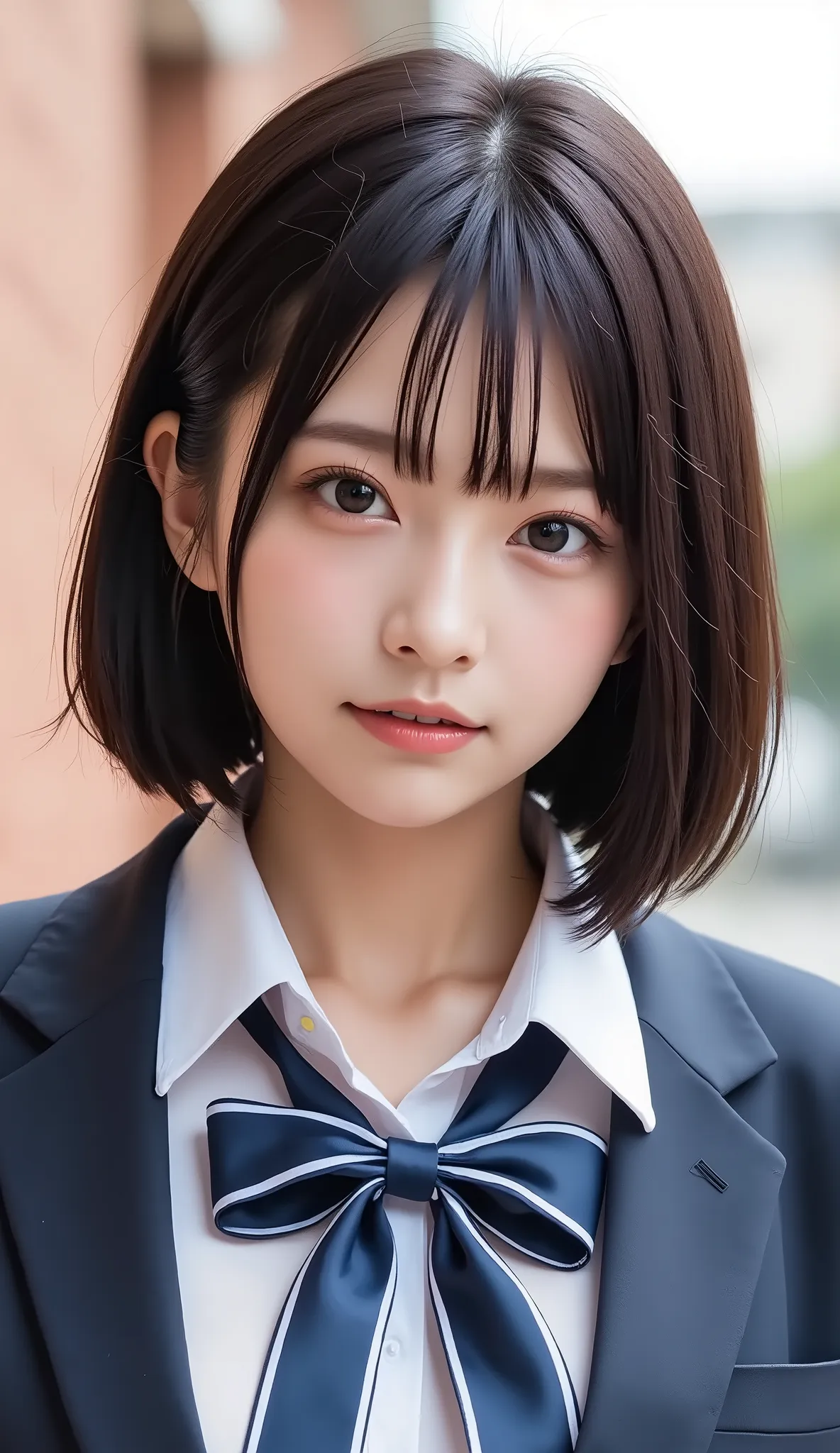 清楚な若い女性、、close your mouth:1.2、realistic、Photorealistic、very detailed、The inside with the most detailed skin、best quality、masterpiece、Ultra high definition、very short hair、黒髪、Women's College、young girl、、bang、double eyelids、Drooling eyes、The Face of Japan to...