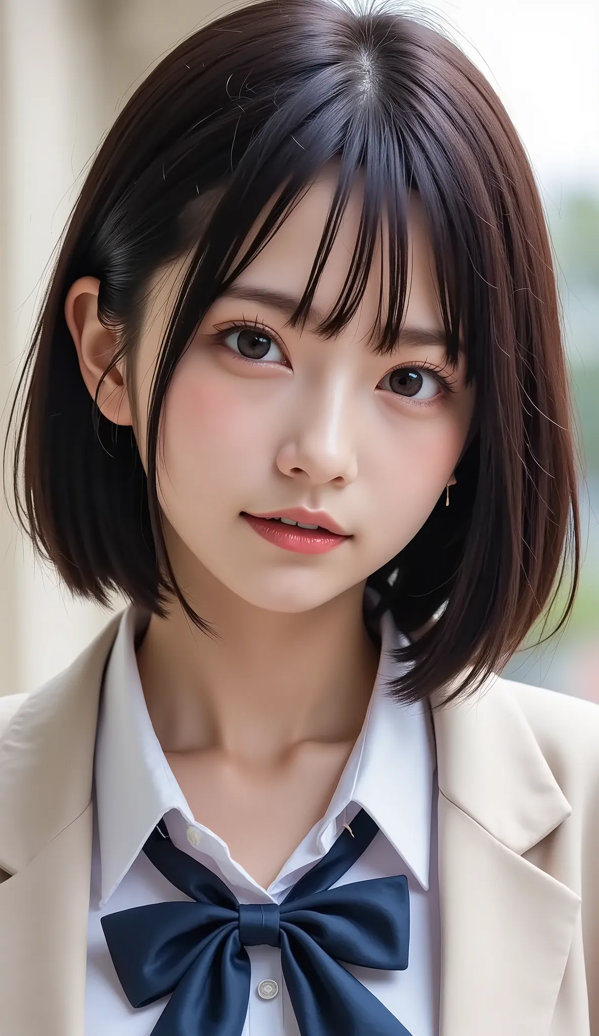 清楚な若い女性、、close your mouth:1.2、realistic、Photorealistic、very detailed、The inside with the most detailed skin、best quality、masterpiece、Ultra high definition、very short hair、黒髪、Women's College、young girl、、bang、double eyelids、Drooling eyes、The Face of Japan to...