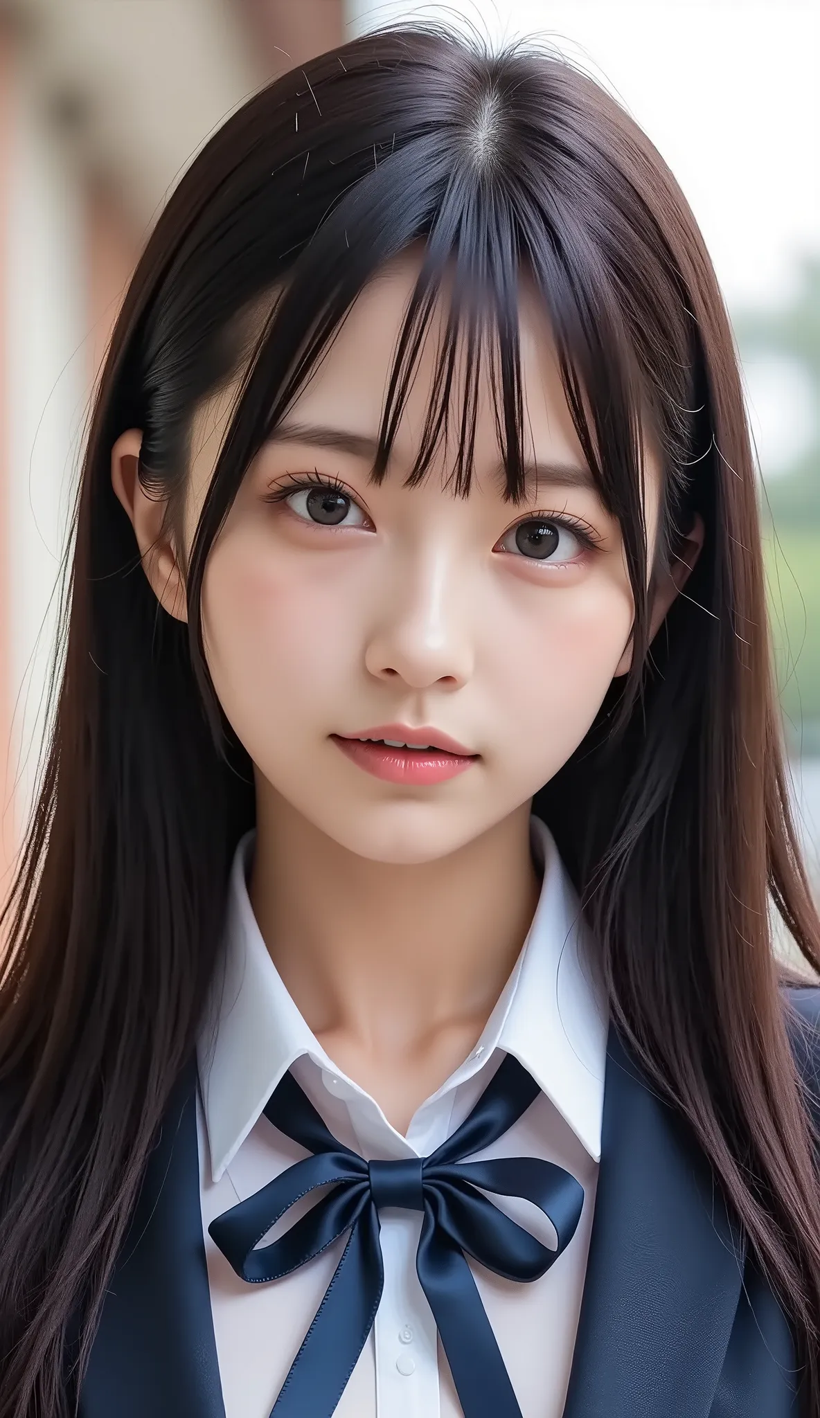 清楚な若い女性、、close your mouth:1.2、realistic、Photorealistic、very detailed、The inside with the most detailed skin、best quality、masterpiece、Ultra high definition、髪型ボブヘア、黒髪、Women's College、young girl、、bang、double eyelids、Drooling eyes、The Face of Japan to improve ...