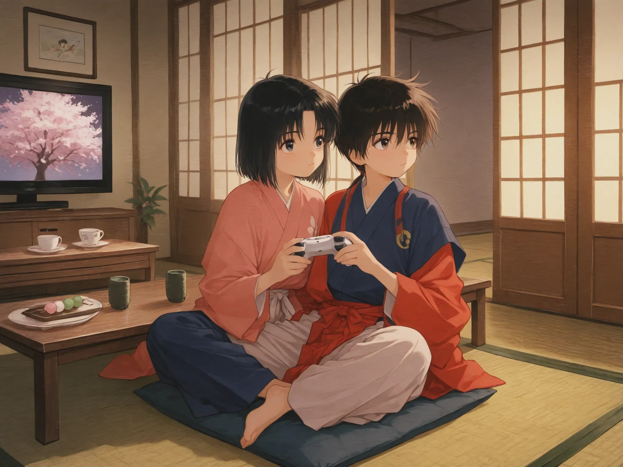 manga illustration in the style of Rurouni Kenshin, detailed ink and watercolor, young man dressed in Hikoboshi-inspired traditional Japanese attire, sitting casually on tatami mat in Japanese-style room, holding a game controller, focused gaze toward off-...