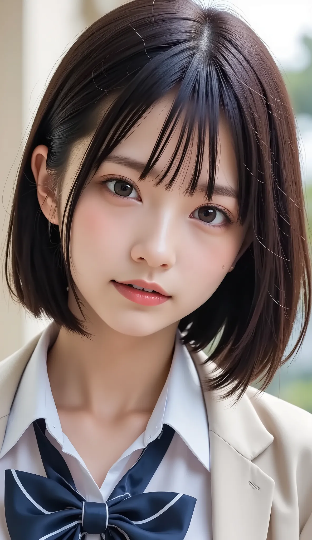 清楚な若い女性、、close your mouth:1.2、realistic、Photorealistic、very detailed、The inside with the most detailed skin、best quality、masterpiece、Ultra high definition、very short hair、黒髪、Women's College、young girl、、bang、double eyelids、Drooling eyes、The Face of Japan to...