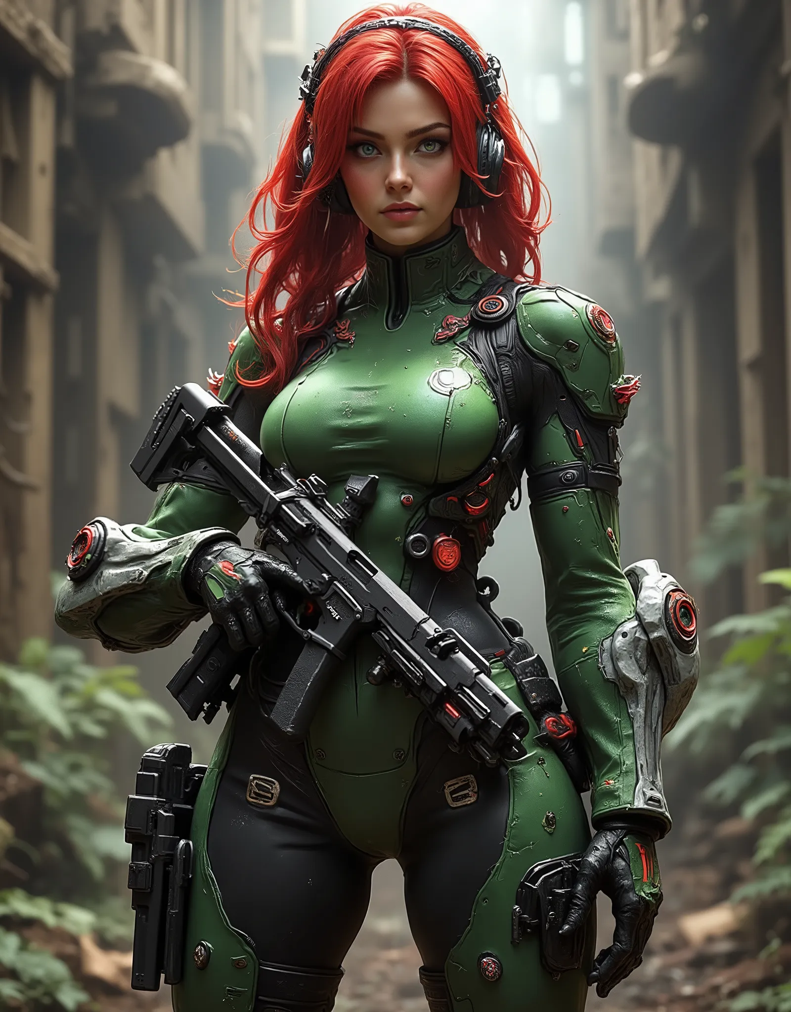 Full image of a 20 year old woman, high quality, 4k, she is a futuristic warrior, very pretty, redhead with abundant hair that reaches her waist, her wavy hair falls over her small breasts. Bangs, very detailed layered hair. Very detailed green eyes, sensu...