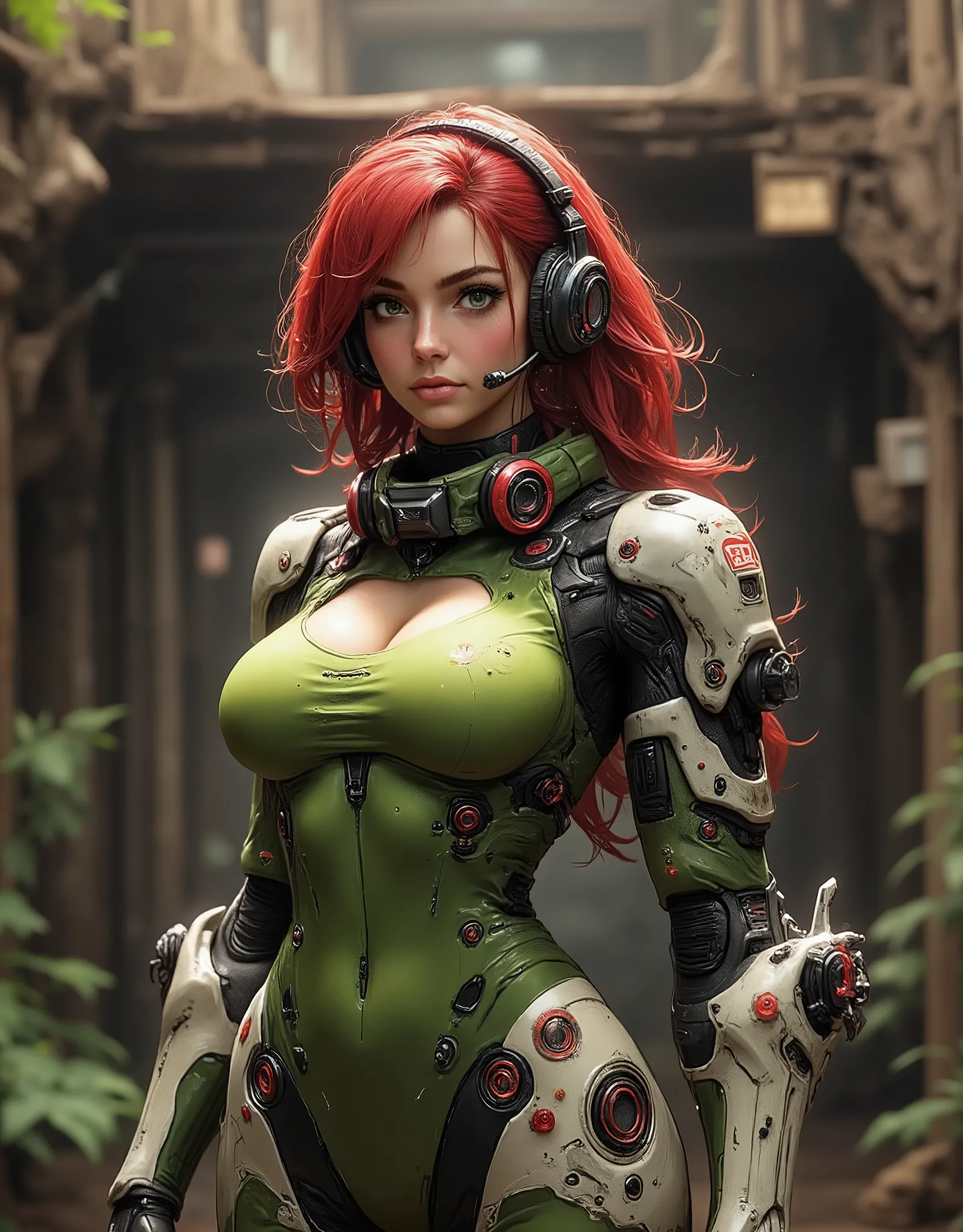 Full image of a 20 year old woman, high quality, 4k, she is a futuristic warrior, very pretty, redhead with abundant hair that reaches her waist, her wavy hair falls over her small breasts. Bangs, very detailed layered hair. Very detailed green eyes, sensu...