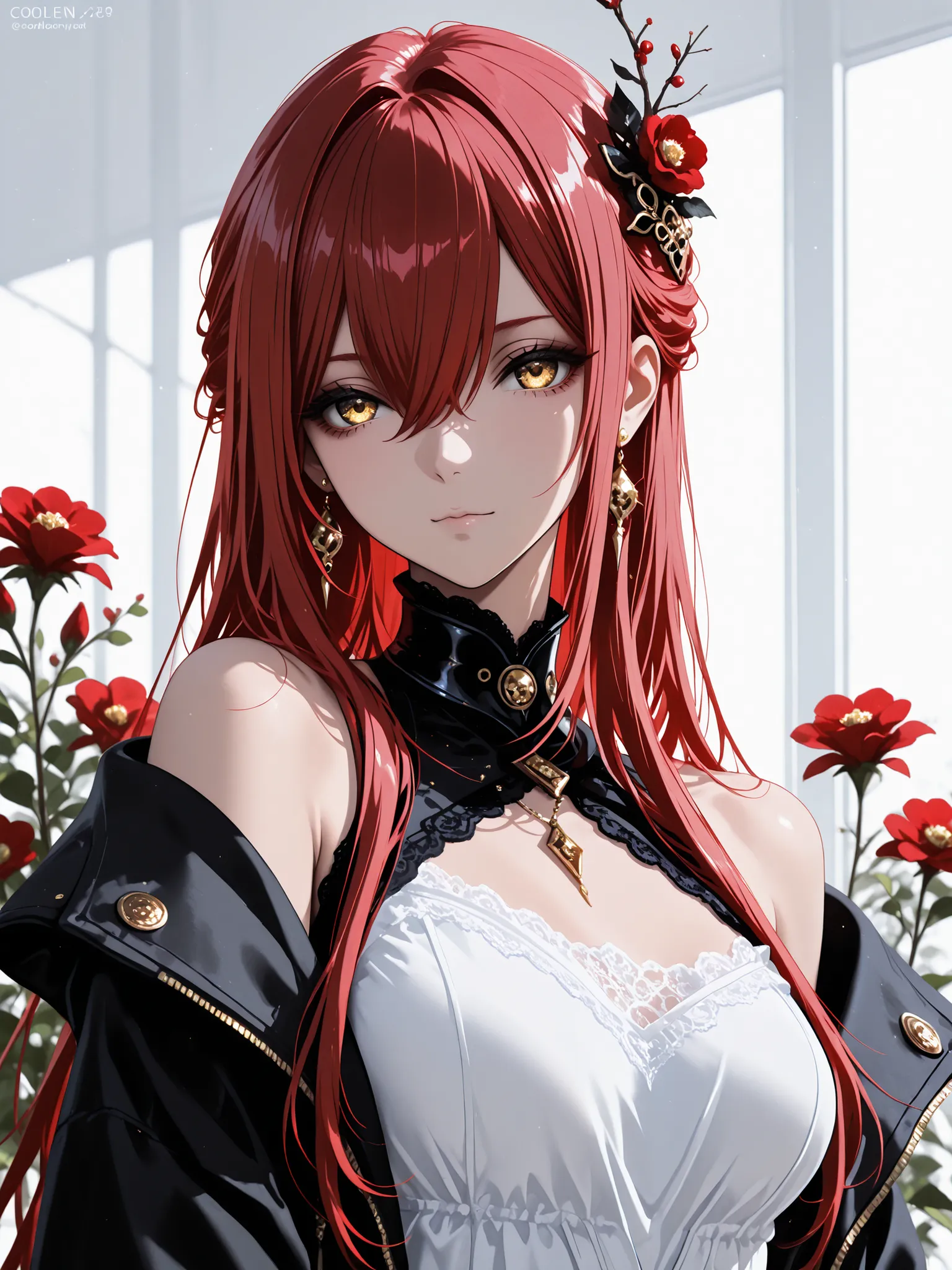 1 woman , adult, golden eyes , very long hair , long sidelocks, red hair ,half updo, petite , very cute , beautiful ,Straight hair, cool, handsome, hair between eyes, sexy, large breast, low eyes, bare_shoulders, black_collar, black_jacket, collar, dress, ...