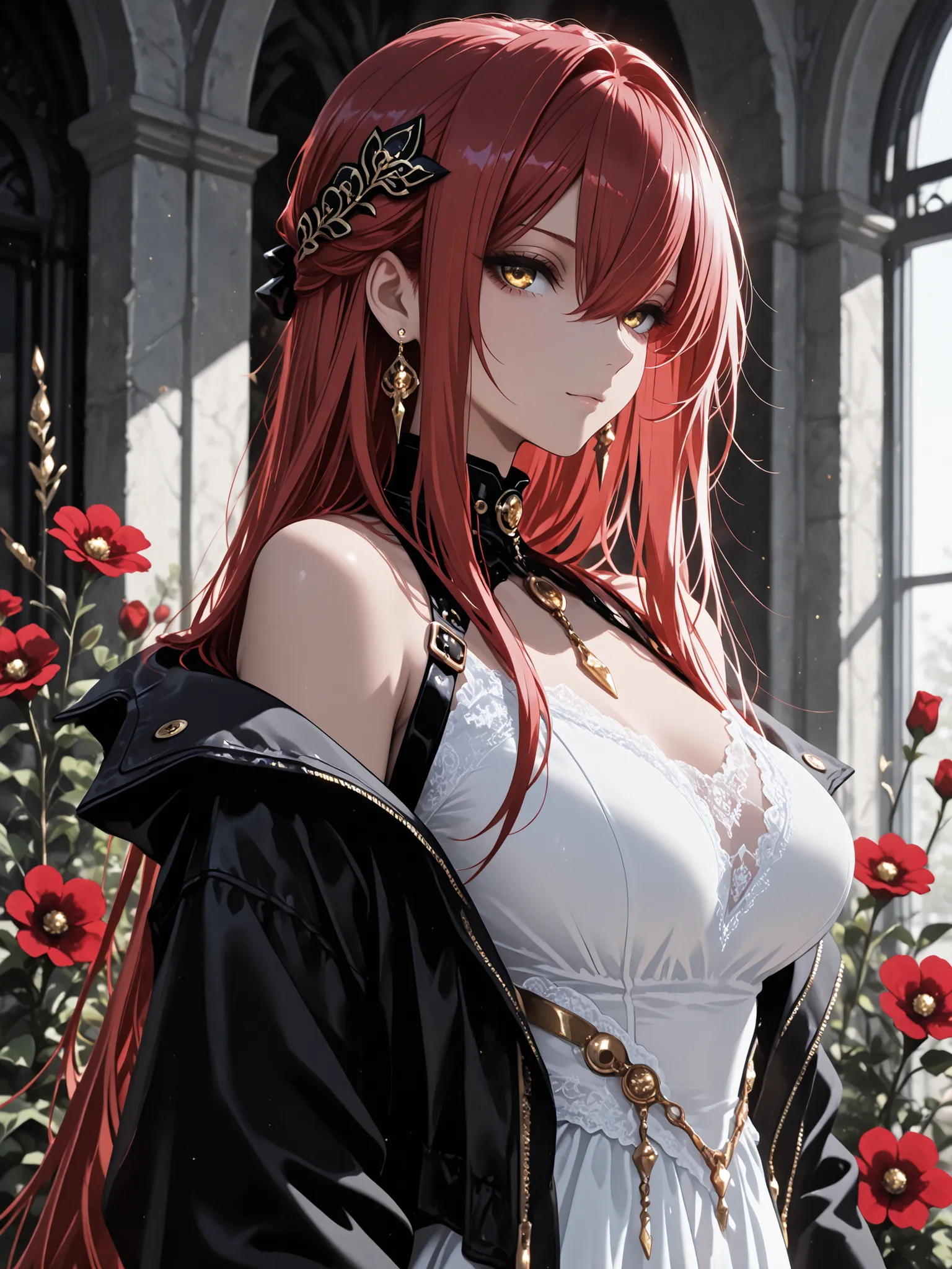 1 woman , adult, golden eyes , very long hair , long sidelocks, red hair ,half updo, petite , very cute , beautiful ,Straight hair, cool, handsome, hair between eyes, sexy, large breast, low eyes, bare_shoulders, black_collar, black_jacket, collar, dress, ...