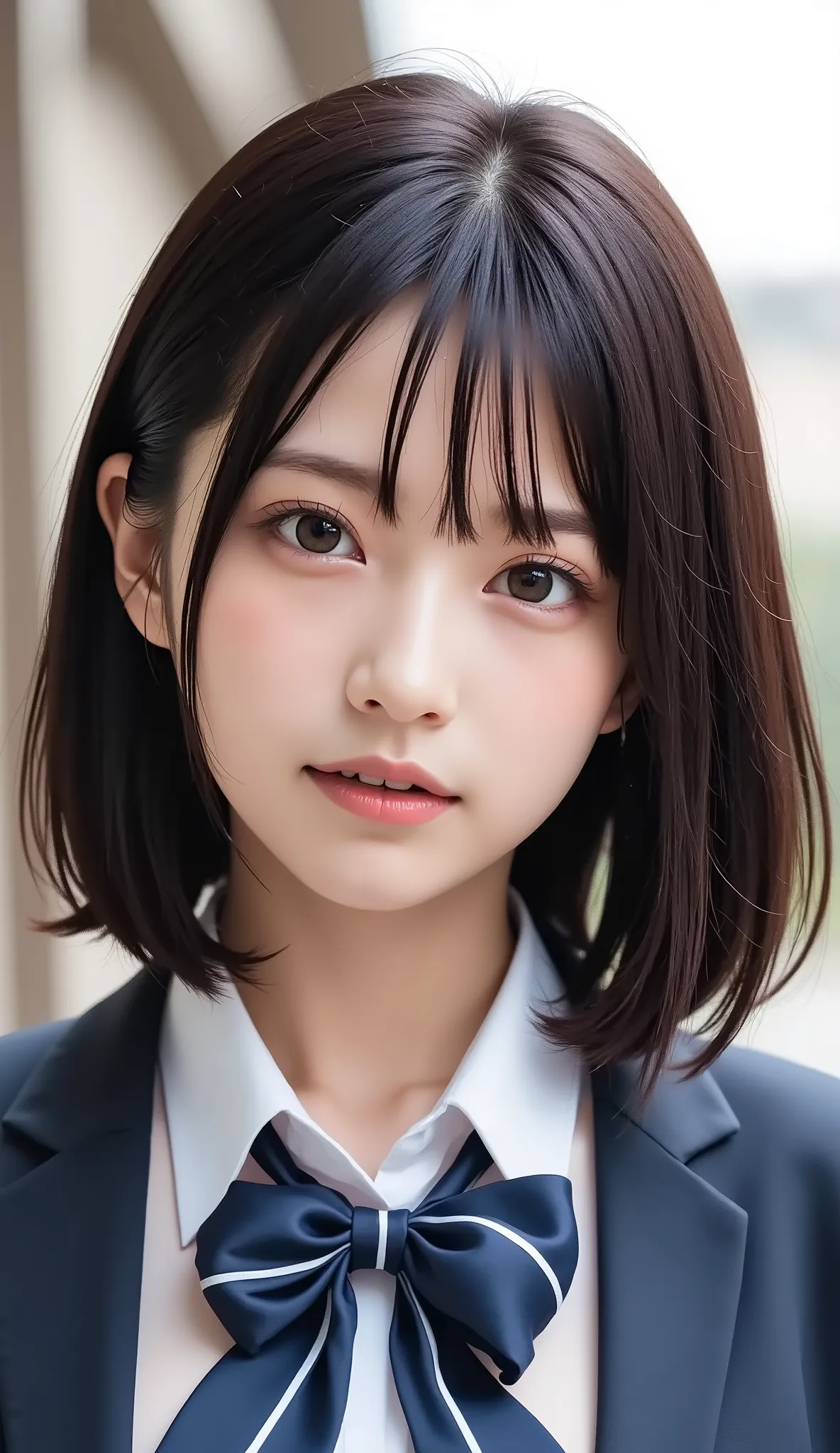 清楚な若い女性、、close your mouth:1.2、realistic、Photorealistic、very detailed、The inside with the most detailed skin、best quality、masterpiece、Ultra high definition、very short hair、茶髪、Women's College、young girl、、bang、double eyelids、Drooling eyes、The Face of Japan to...