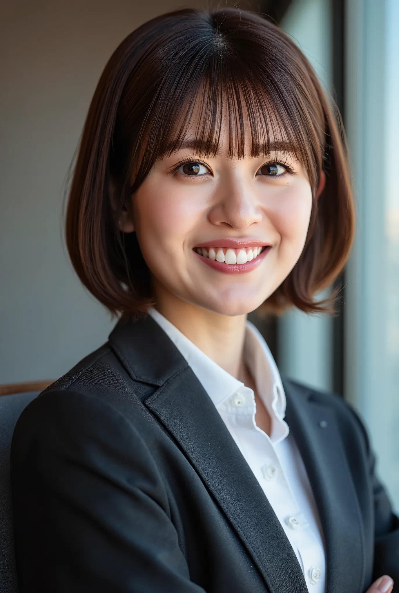 Neat Young Woman、and look at the camera、smile showing teeth、office lady suit、jacket、shirt、髪型ショートカット、 brown hair、dark eyeshadow、upper body、Background is in a room、