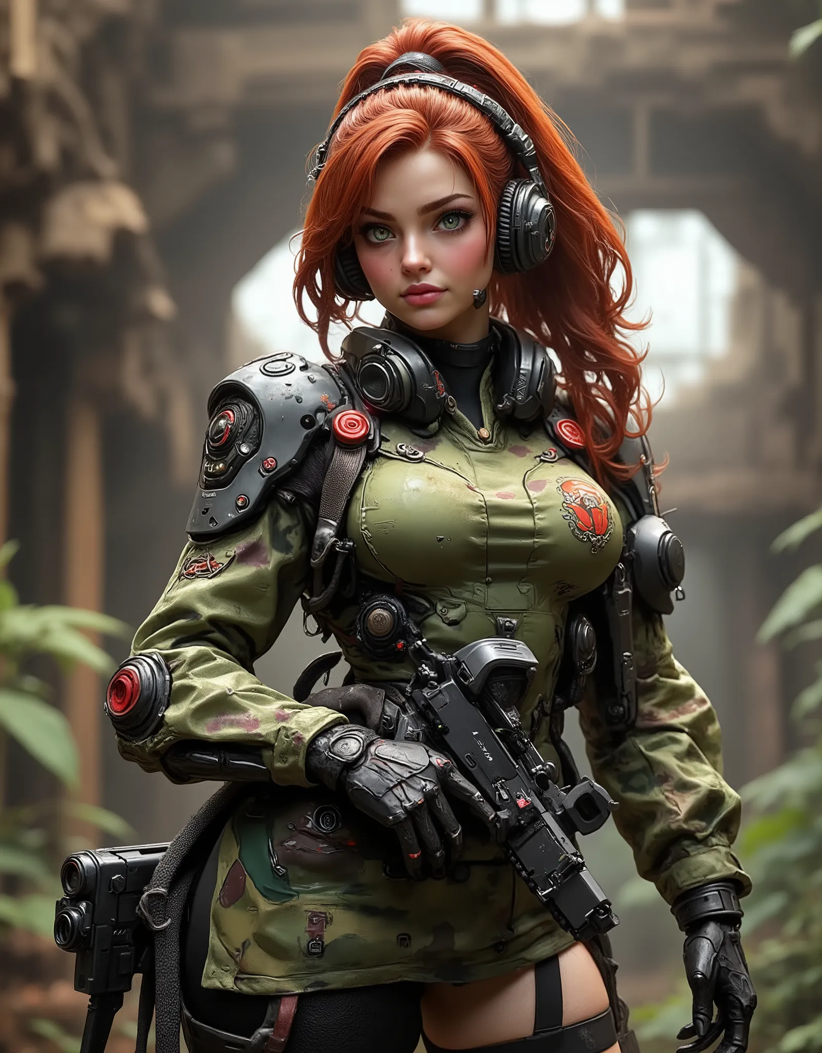 Full image of a 20 year old woman, high quality, 4k, she is a futuristic warrior, very pretty, redhead with abundant hair that reaches her waist, her wavy hair falls over her small breasts. Bangs, very detailed layered hair. Very detailed green eyes, sensu...