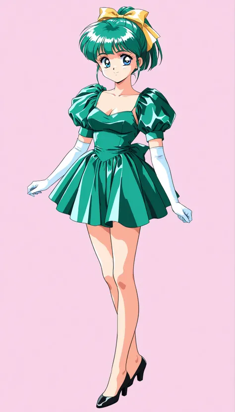 1 girl、solo、green hair,short hair、ponytail、 blue eyes、hair ribbon、Yellow Bow、Hair Bows、bungs、1990s(style)、角井綾style,全身style,Cute breasts,Bare legs、green dress,long flared dress,puff sleeve,Elbow Gloves,white gloves,black heeled pumps,standing facing the fro...