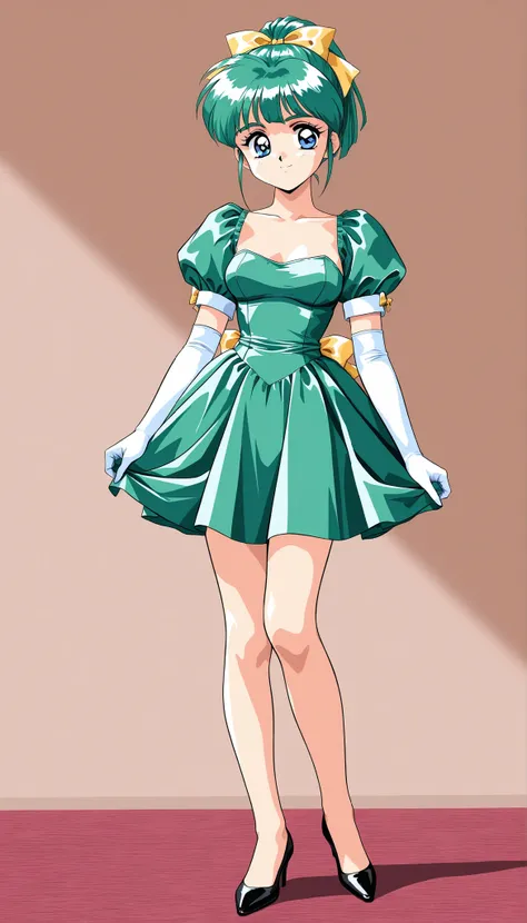 1 girl、solo、green hair,short hair、ponytail、 blue eyes、hair ribbon、Yellow Bow、Hair Bows、bungs、1990s(style)、角井綾style,全身style,Cute breasts,Bare legs、green dress,long flared dress,puff sleeve,Elbow Gloves,white gloves,black heeled pumps,standing facing the fro...