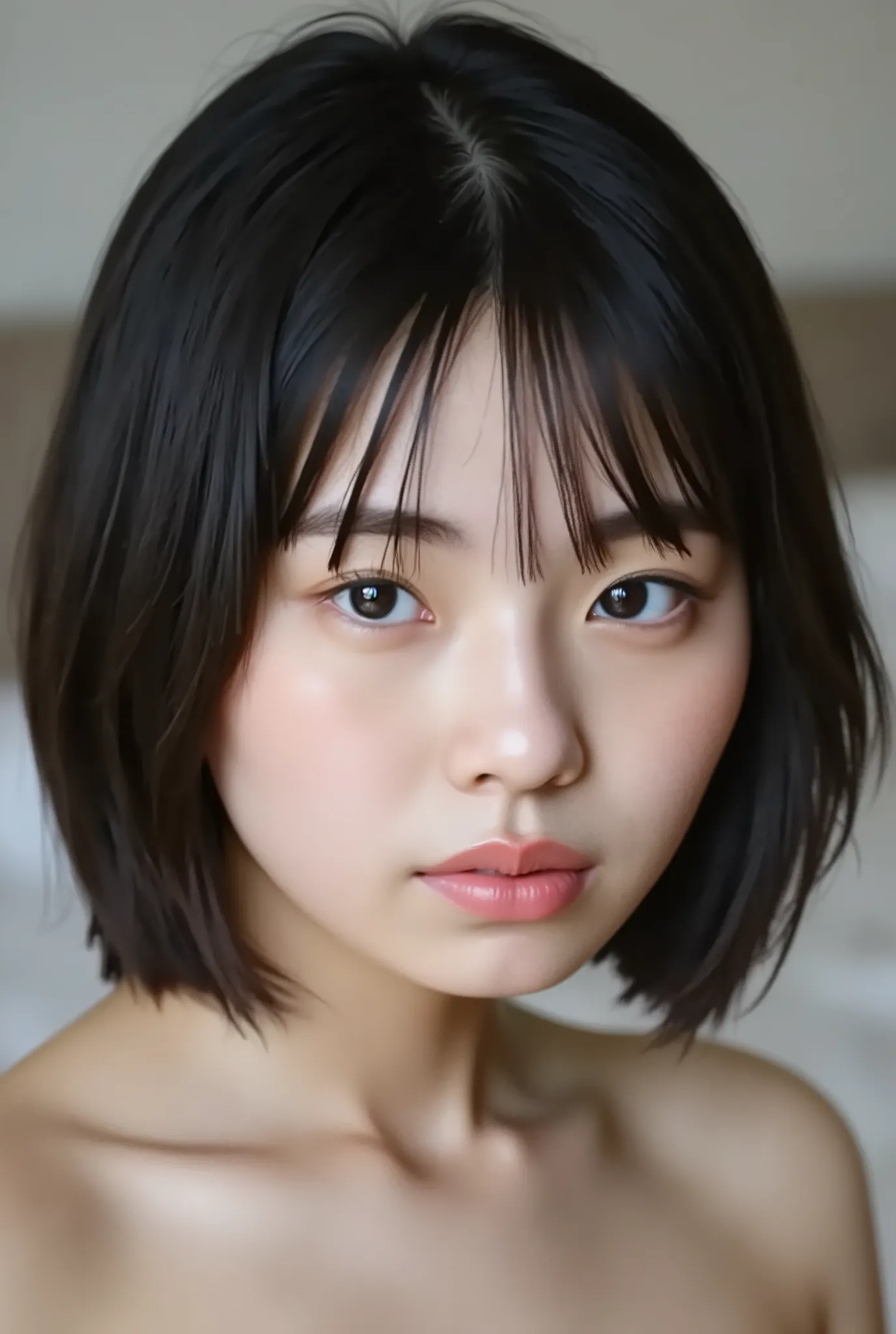 (( Highest Quality, 8K )), ((masterpiece)), ( details), Japanese, two-tone swimsuit ,1 girl on break day, Voluptuous women , sexy,( in the bedroom),((( abnormally large breasts , completely naked, beautiful breasts, short bob hair))), ...