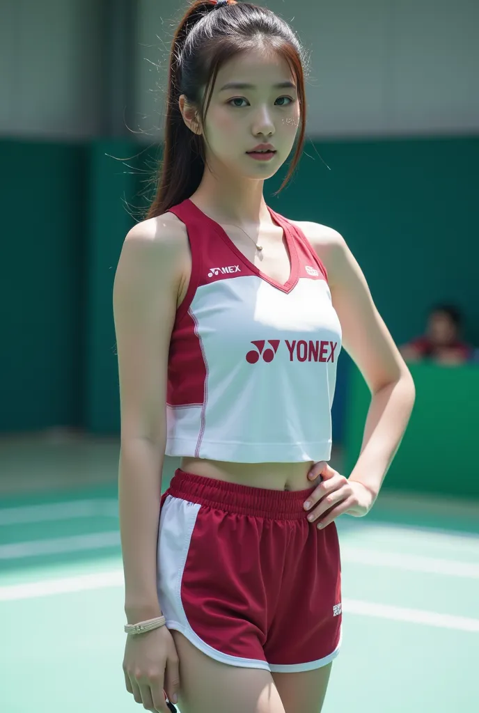 masterpiece、top quality、16K、super high resolution、 Yonex badminton women's wear、(((T-shirt and shorts)))、((( She is wearing a badminton uniform and has her hair tied up))),The light and shadow of reality、Cinema Lenses、((very thin))、(( Beautiful large breasts with a very toned shape))、((very thin and beautiful thighs))、((high nose、 small mouth))、(( A clean, slim face))、((Big black eyes with long eyelashes))、((very small face))((Very slim and beautiful arms))、(( She is very slim and has a great figure))、(( pure white beautiful skin))、((Wearing badminton equipment)、(( Playing on an indoor badminton court　badminton players))、((Cute Japan))、(Beautiful Eyes:1.1)、 Clear eyes and a gentle smile、While playing badminton、V sign
