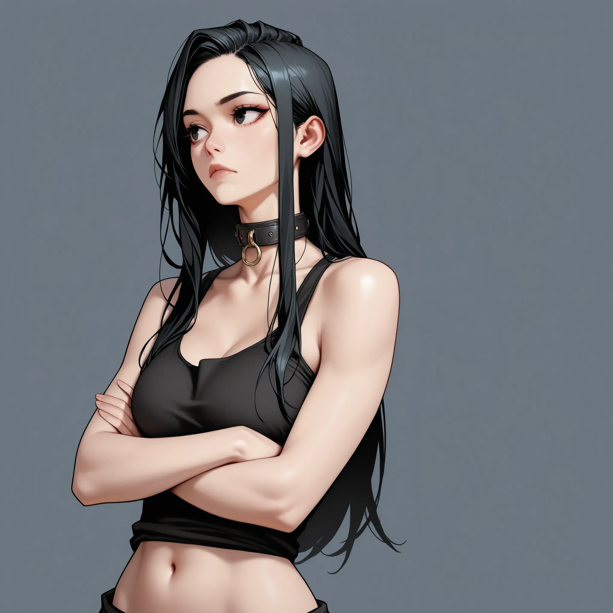 Hayley, a full-bodied girl, Alone , black hair, ojos rojos, collar,Alone ,black tank top,     navel, Long hair, upper body, watching the spectator, simple background,Arms Crossed,   score_9, score_8_up, score_7_up, score_6_up, score_5_up, score_4_up  