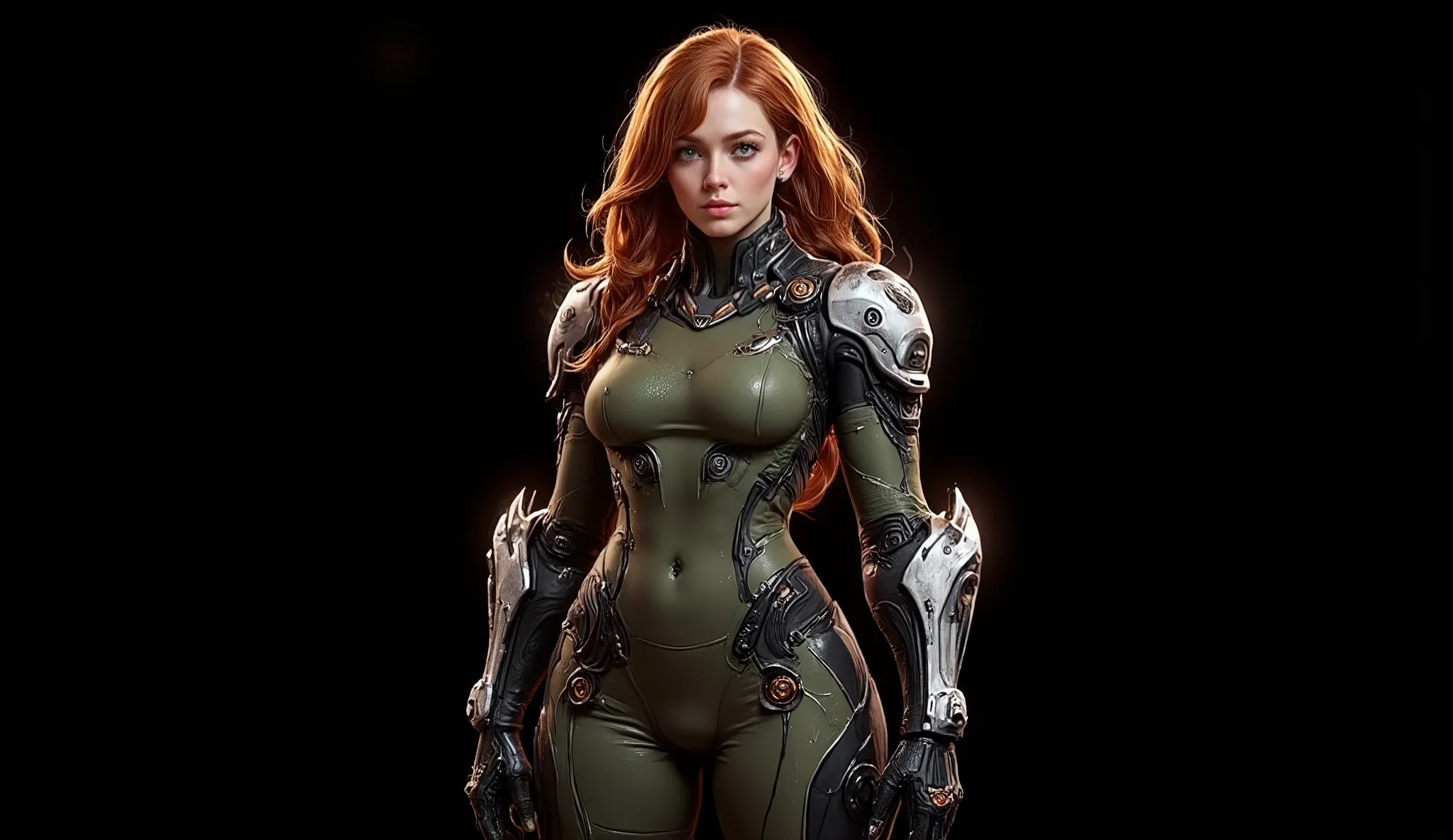 Full image of a 20 year old woman, high quality, 4k, she is a futuristic warrior, very pretty, redhead with abundant hair that reaches her waist, her wavy hair falls over her small breasts. Tiny chest, very small chest, bangs, very detailed layered hair. V...