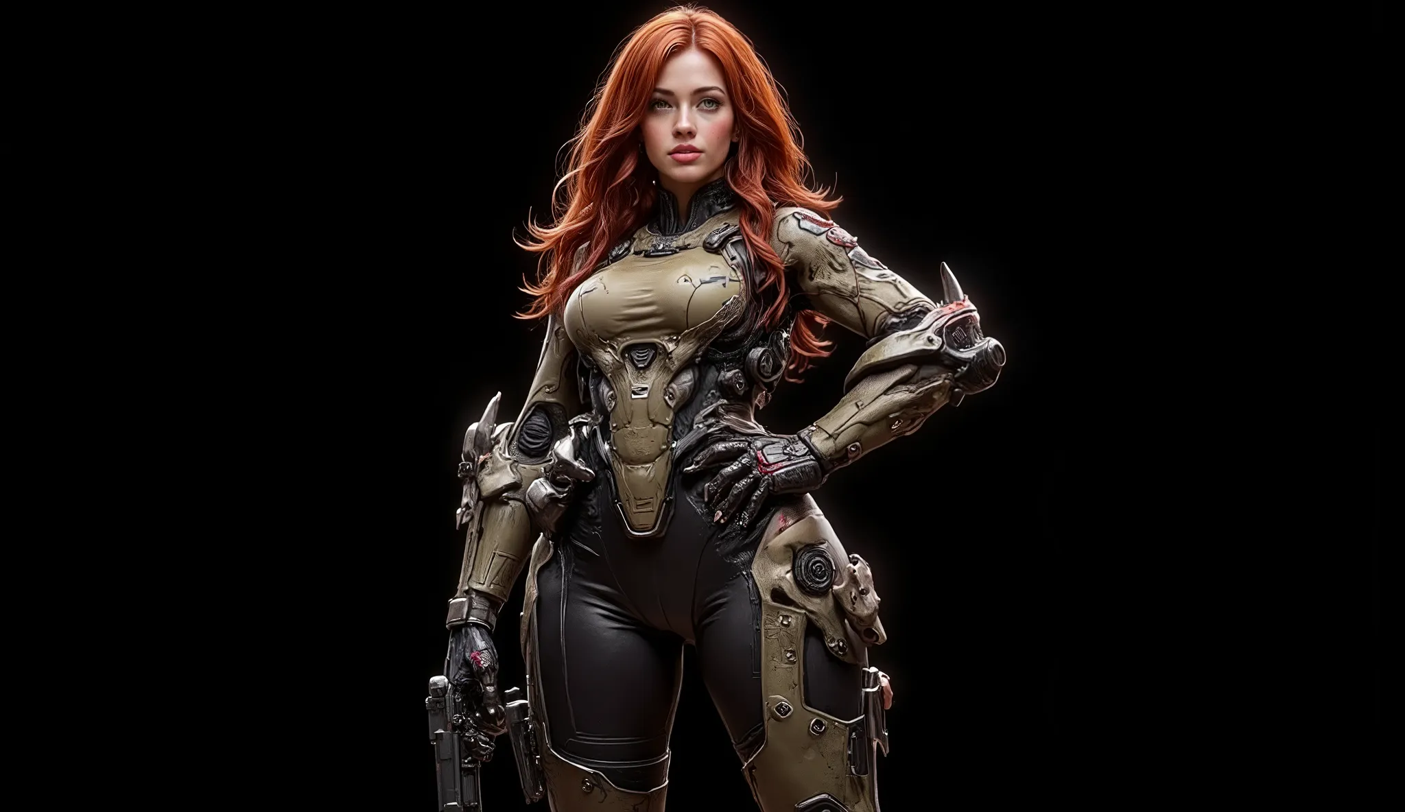 Full image of a 20 year old woman, high quality, 4k, she is a futuristic warrior, very pretty, redhead with abundant hair that reaches her waist, her wavy hair falls over her small breasts. Tiny chest, very small chest, bangs, very detailed layered hair. V...
