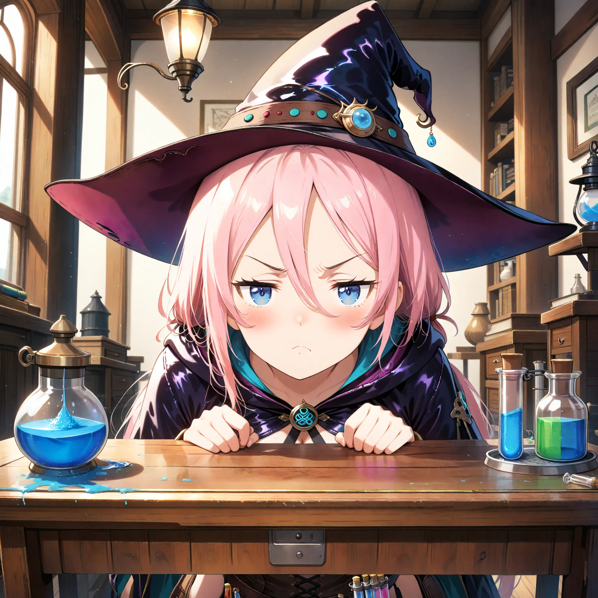 Alchemist Girl,pink hair,blue eyes,vertebrae,grumpy,stares,Place your face on the desk,My face is touching my desk, Big Witch Hat ,Western architecture,interior, atelier ,an antique-style desk,Walking lamp,Test tube,blue liquid in the flask,low angle,Look ...