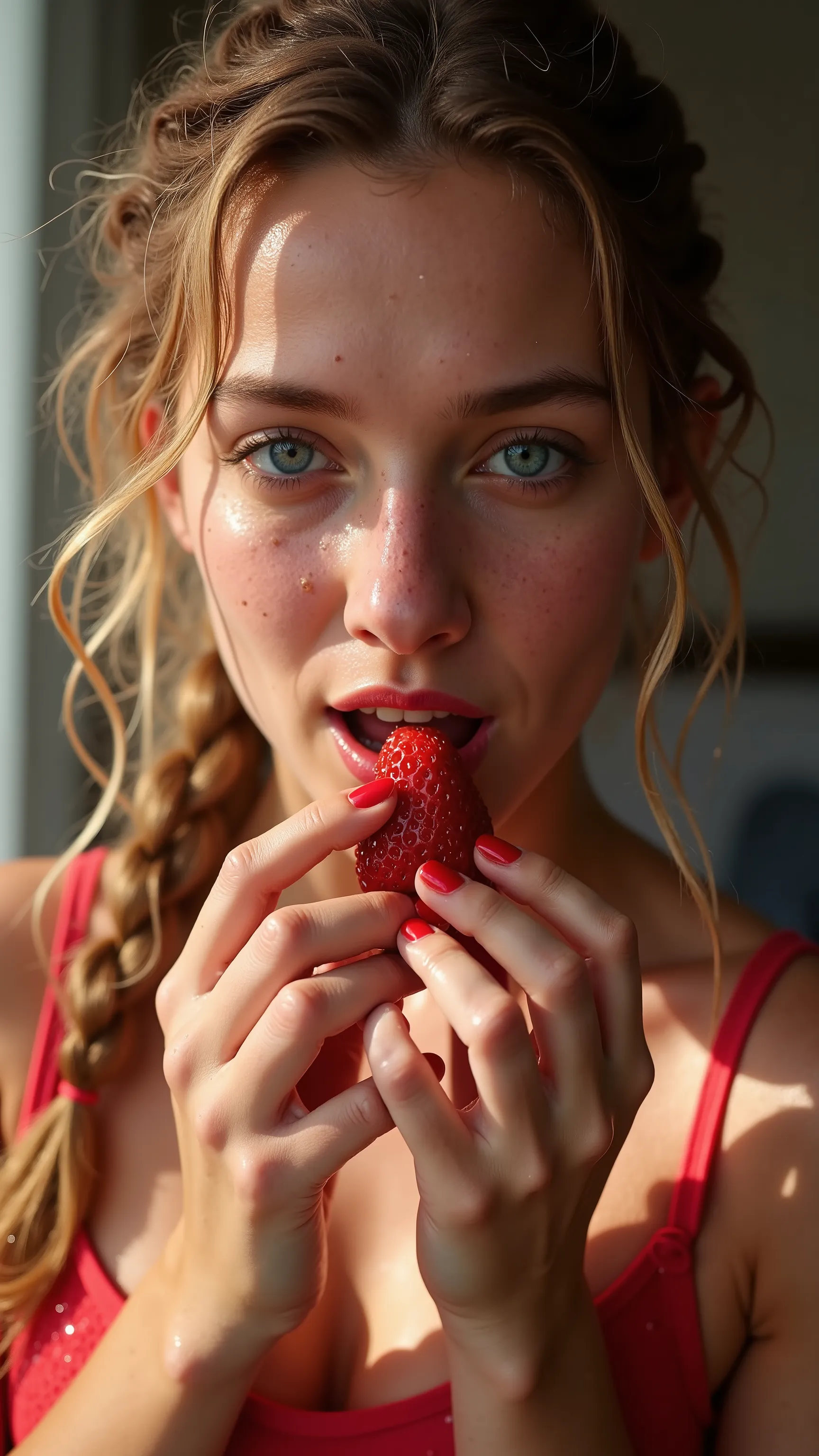 Epic realistic low coloured portrait photography, sharp image, very low contrast, 35 years old pretty sexy sweaty muscles woman eating red strawberry, light from sun and shades on the face from outside, big blue eyes, abs, at the fantasy world, more lighs,...