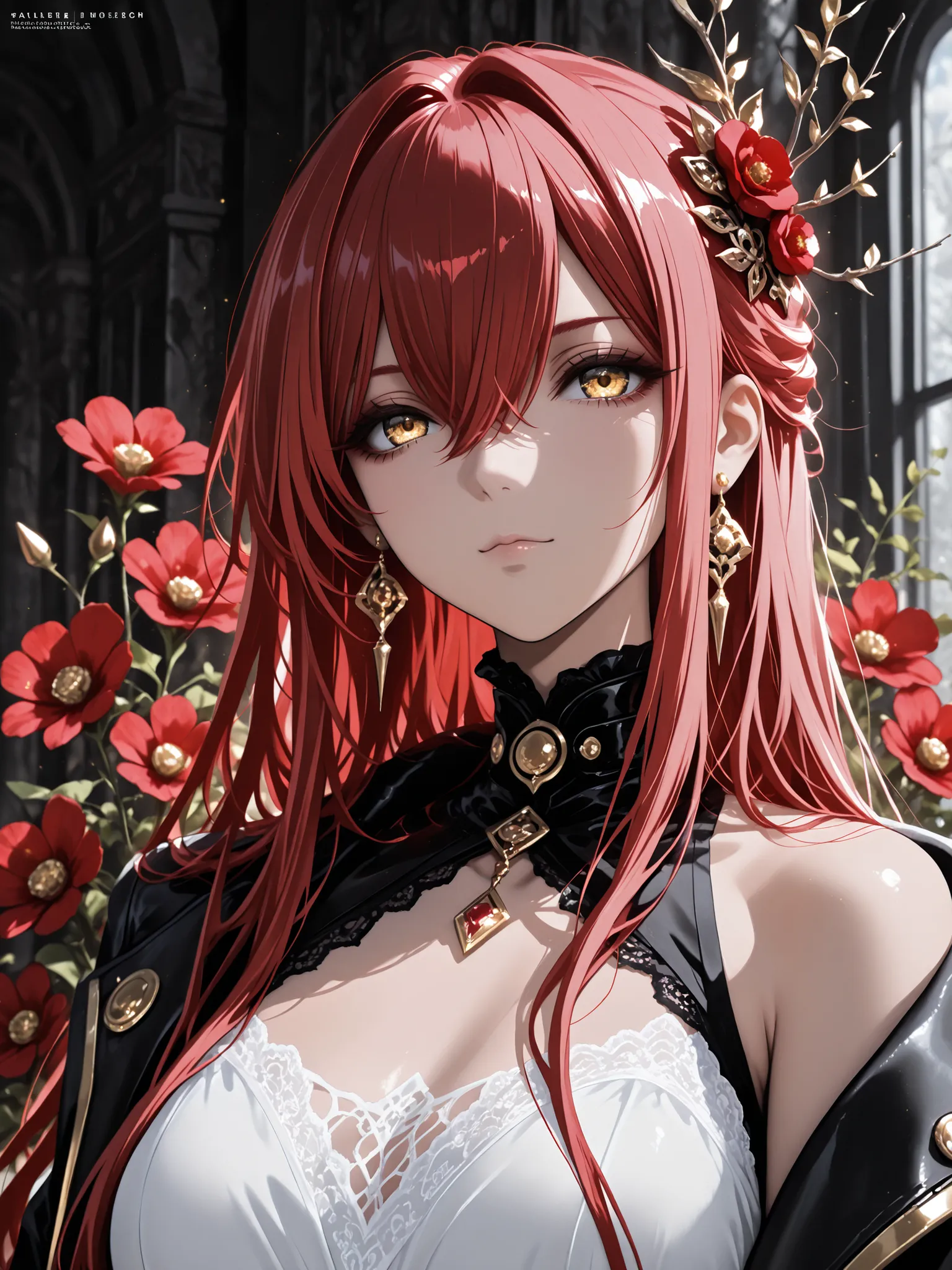 1 woman , adult, golden eyes , very long hair , long sidelocks, red hair ,half updo, petite , very cute , beautiful ,Straight hair, cool, handsome, hair between eyes, sexy, large breast, low eyes, bare_shoulders, black_collar, black_jacket, collar, dress, ...