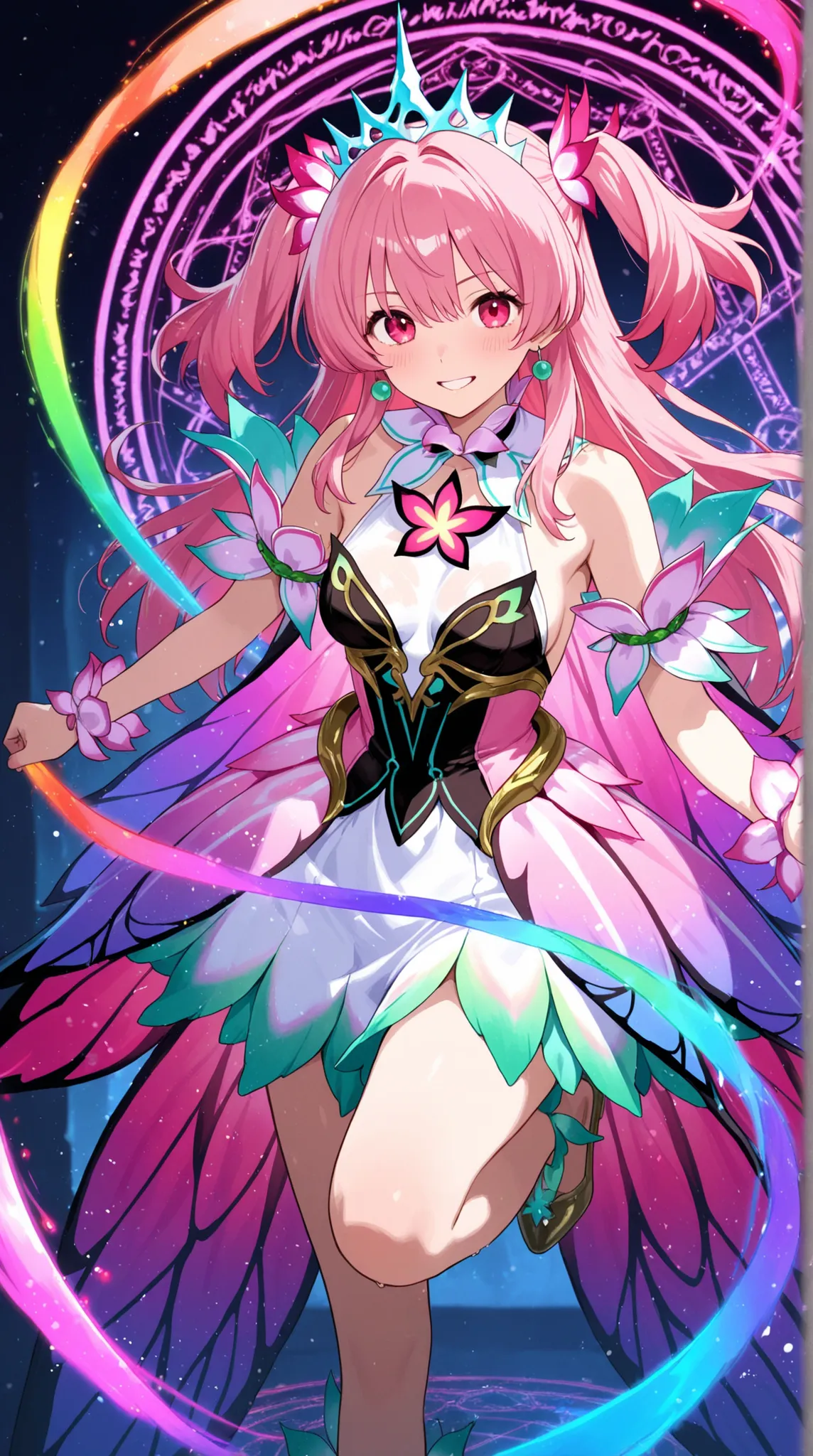 female, Fancy dress woven with rainbow thread, Resplendent Tiara, Magic Circle made of pretty flowers,