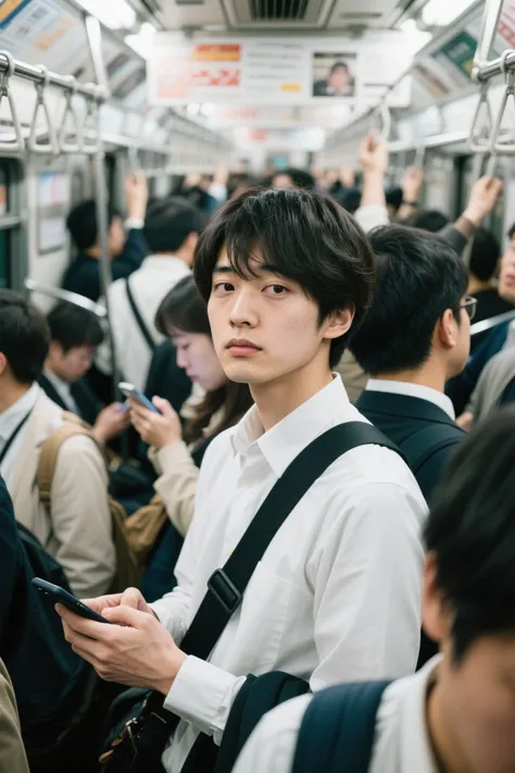Crowded morning train、Tokyo's Yamanote Line、inside a tightly crowded car、90％who suddenly make eye contact with viewers are looking at or operating a smartphone、Passenger caught by a sling strap、Still looking sleepy、（The main character suddenly looks up and makes eye contact with the viewer）