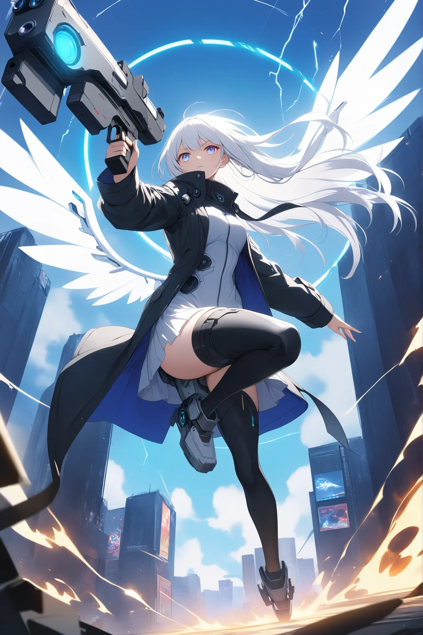 ((masterpiece)), ((RAW 4K)), ((anime-real hybrid)), ((dynamic pose)), ((cybernetic hunter girl)), ((white hair flowing)), ((weapon transform)), ((action cinematic))
The white-haired bounty hunter leaps off a high platform, her trench coat flying behind li...