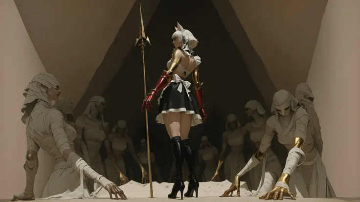 Beautiful girl with cat ears, short white hair, with a long side fringe, ojos rojos, sharp eye, beautiful skin, extremely nice body, ,((pretty face)),  alone, Alone, A maid's uniform, MEDIUM SKIRT, (maid) , (A big, red gauntlet on the right arm), (left arm...