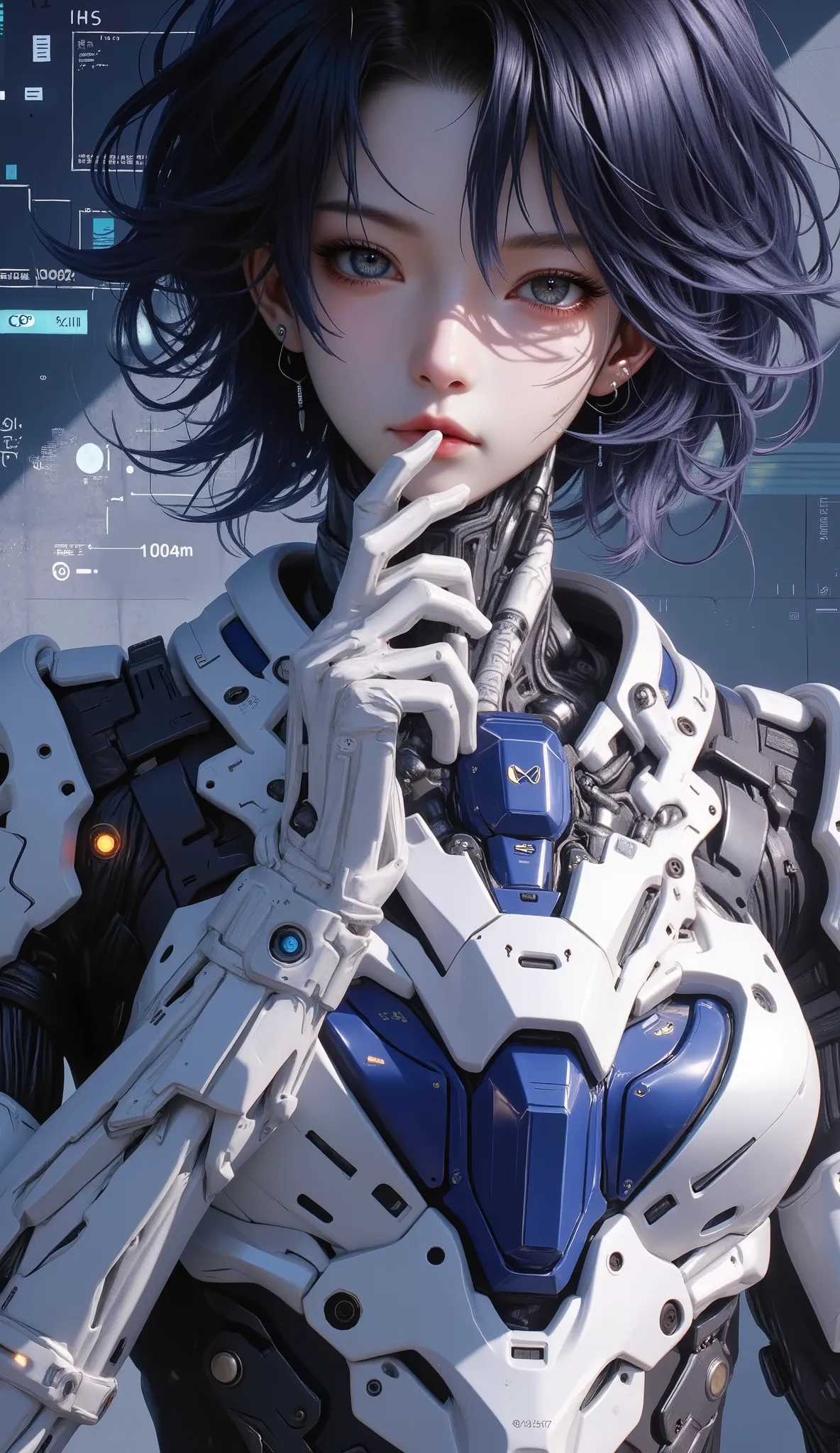 4K animation style image quality, Digital Drawing Mode ,A Shy and Shy Engineer,with short dark blue hair and dark gray blue eyes,Wears Negan Negeri IS Battle Armor,Dressed in White and Dark Blue Outer Armor,Standing in Advanced,Surrounded by Data Streams a...