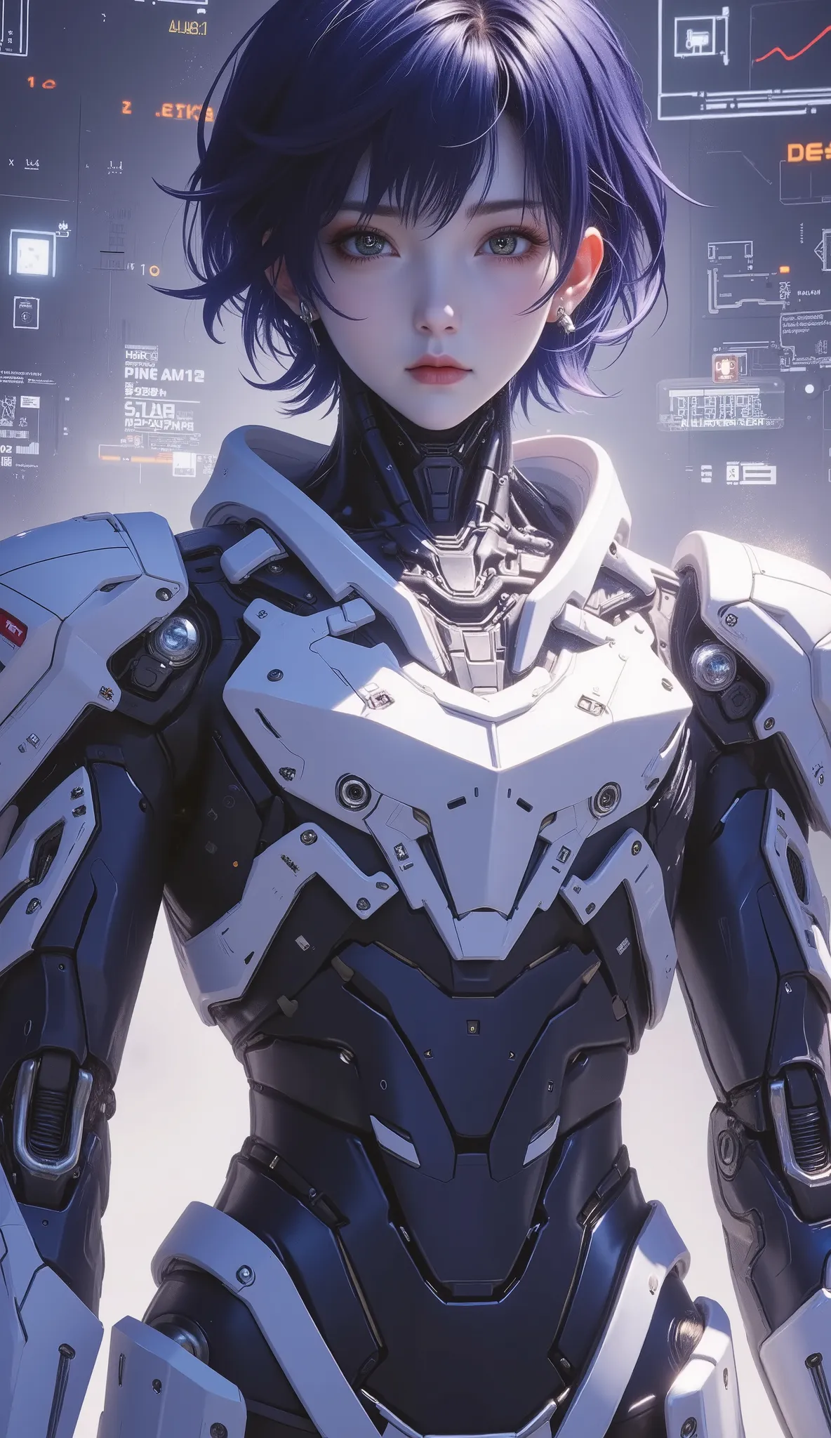 4K animation style image quality, Digital Drawing Mode ,A Shy and Shy Engineer,with short dark blue hair and dark gray blue eyes,Wears Negan Negeri IS Battle Armor,Dressed in White and Dark Blue Outer Armor,Standing in Advanced,Surrounded by Data Streams a...