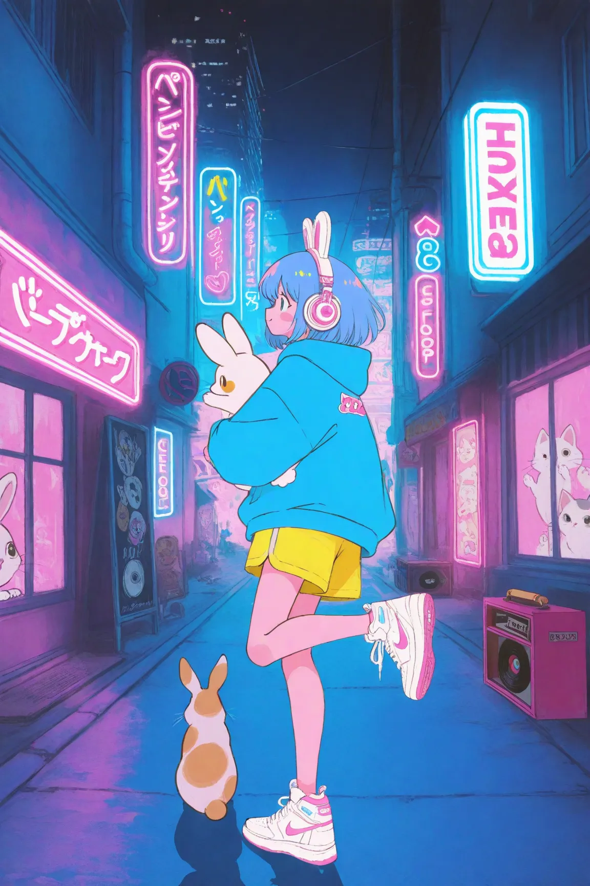 has an energetic and bright expression on the street where neon lights shine at night A girl in her late s is walking,pop icons such as stars,pastelピンクのボブヘアにカラフルなヘアピンを複数つけている,pastel yellow shorts,Clothes are oversized, bright blue hoodies、pastelイエローのショートパンツ、white Nike sneakers,A girl rolls a record box with a carry in her right hand,The record box is white、music and anime characters、Cute Animals（Cats, rabbits, etc.）、full of colorful stickers with the brand logo,kicks one leg forward so you can see walking movements, overaction gait,Buildings,road signs,the background and surroundings are cute cartoon style,Soft Shadows,pastel＆based on vivid colors,large white headphones on the neck、pink and blue neon lights and the city are floating in the background,high definition,bright and pop atmosphere,drawing in every detail, Anime Moe Art Style, Cute Core, cute art style,  cute anime , Official Artwork, cute little character girl, candy punk character design Many rabbits and cats appear in this work,