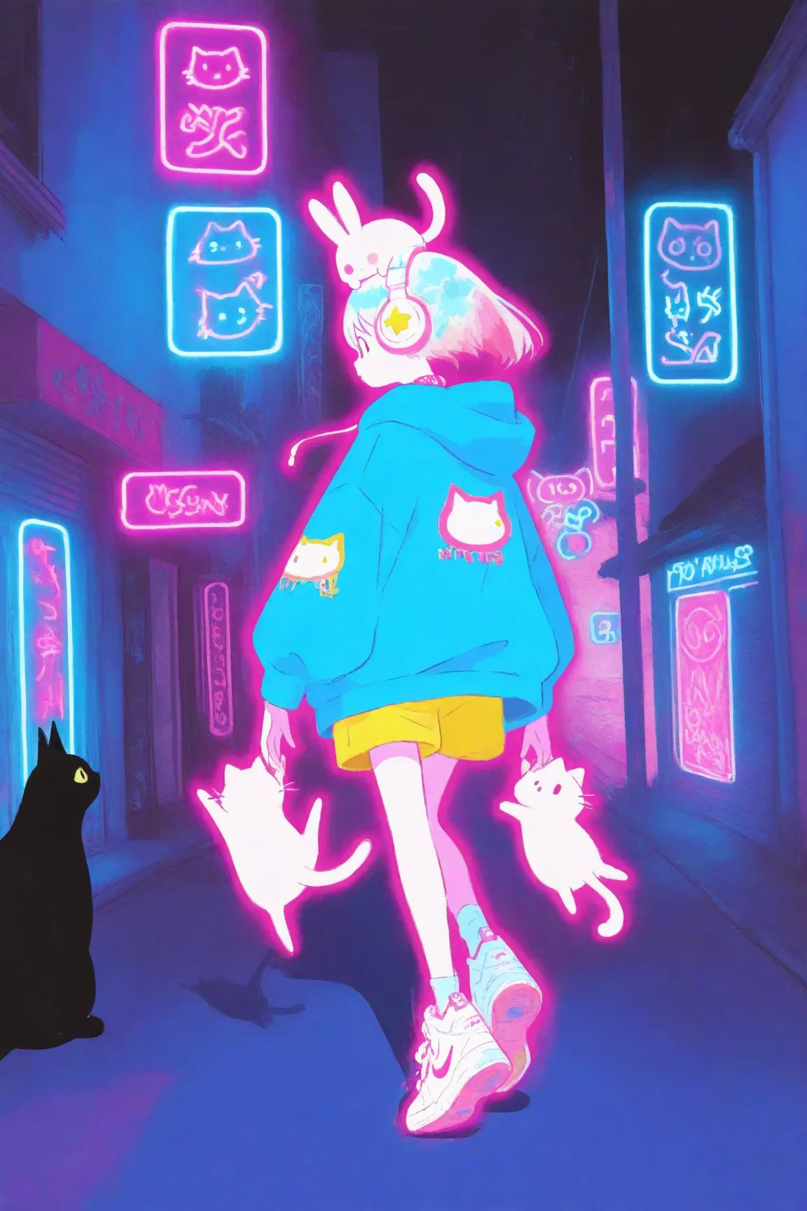 has an energetic and bright expression on the street where neon lights shine at night A girl in her late s is walking,pop icons such as stars,pastelピンクのボブヘアにカラフルなヘアピンを複数つけている,pastel yellow shorts,Clothes are oversized, bright blue hoodies、pastelイエローのショートパンツ、white Nike sneakers,the girl holds the box with both hands,There are cute animals in the box（Cats, rabbits, etc.）,The box is full of colorful stickers,kicks one leg forward so you can see walking movements, overaction gait,lots of cats and rabbits around the girl,Buildings,road signs,the background and surroundings are cute cartoon style,Soft Shadows,pastel＆based on vivid colors,large white headphones on the neck、pink and blue neon lights and the city are floating in the background,high definition,bright and pop atmosphere,drawing in every detail, Anime Moe Art Style, Cute Core, cute art style,  cute anime , Official Artwork, cute little character girl, candy punk character design