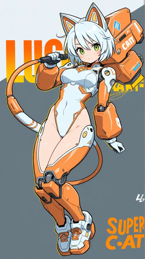 Female Cyborg, Cat ears, Super High Leg Cut, leotard bodysuit, orange lines , long mecha tail, cat mark, Lucky cat,