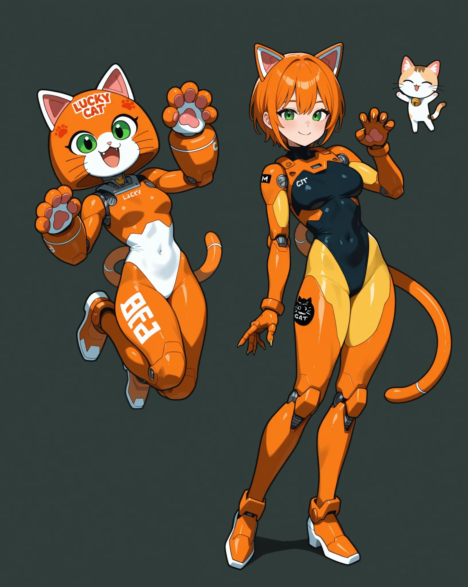 Female Cyborg, Cat ears, smile, Super High Leg Cut, leotard bodysuit, orange lines , long mecha tail, cat mark, Lucky cat,