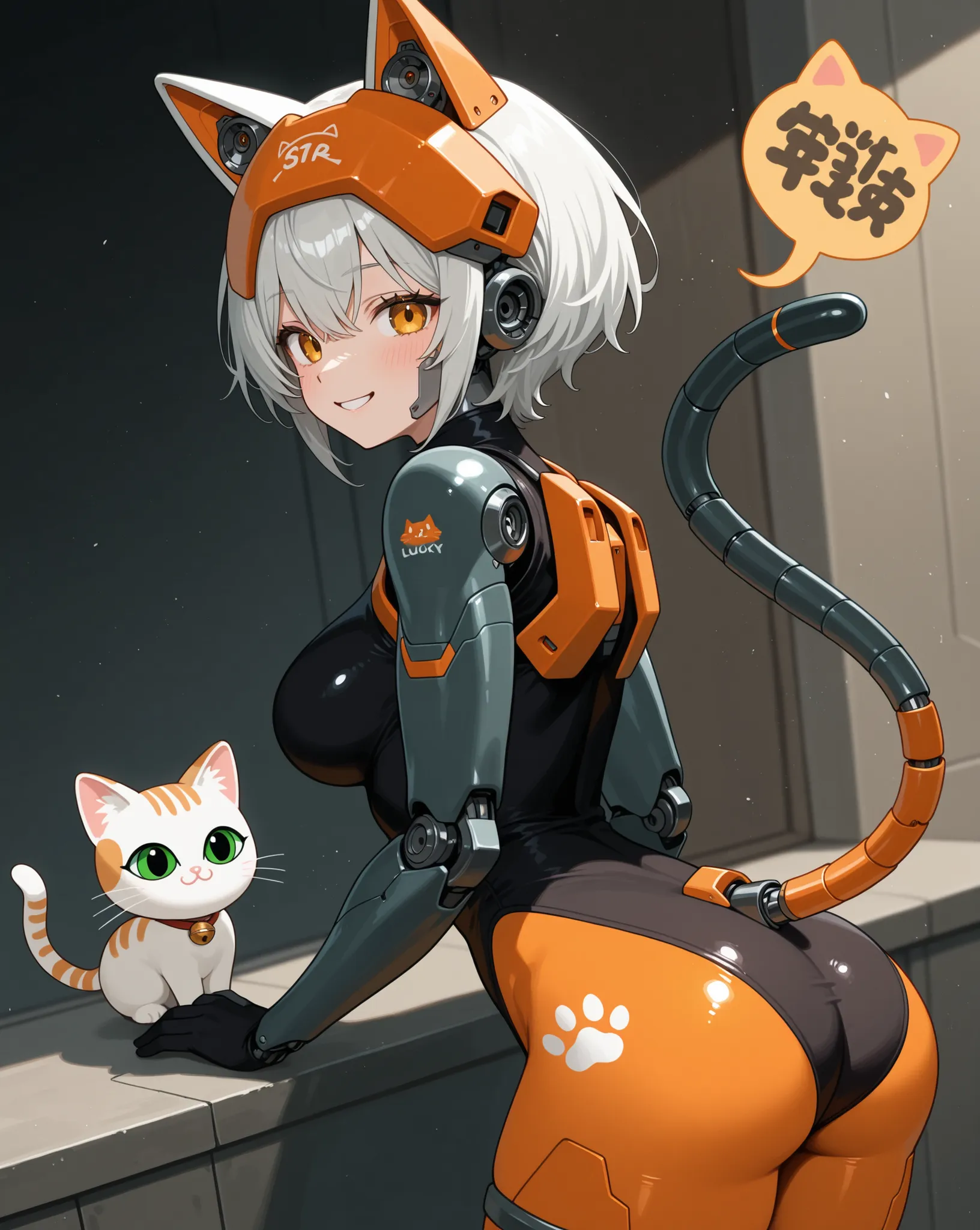 Female Cyborg, Cat ears, smile, Super High Leg Cut, leotard bodysuit, orange lines , long mecha tail, cat mark, Lucky cat,