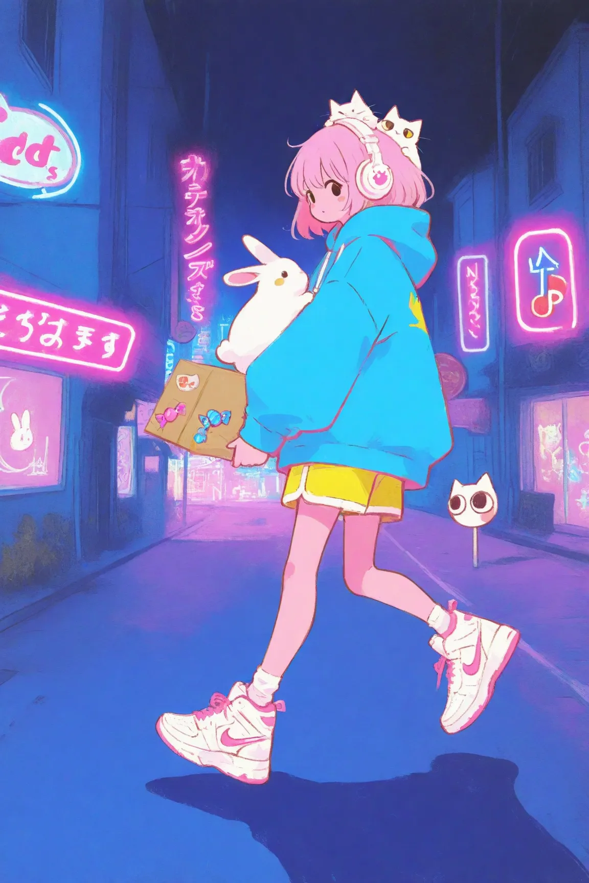 has an energetic and bright expression on the street where neon lights shine at night A girl in her late s is walking,pop icons such as stars,pastelピンクのボブヘアにカラフルなヘアピンを複数つけている,pastel yellow shorts,Clothes are oversized, bright blue hoodies、pastelイエローのショートパンツ、white Nike sneakers,the girl holds the box with both hands,There are cute animals in the box（Cats, rabbits, etc.）,The box is full of colorful stickers,kicks one leg forward so you can see walking movements, overaction gait,lots of cats and rabbits around the girl,Buildings,road signs,the background and surroundings are cute cartoon style,Soft Shadows,pastel＆based on vivid colors,large white headphones on the neck、pink and blue neon lights and the city are floating in the background,high definition,bright and pop atmosphere,drawing in every detail, Anime Moe Art Style, Cute Core, cute art style,  cute anime , Official Artwork, cute little character girl, candy punk character design