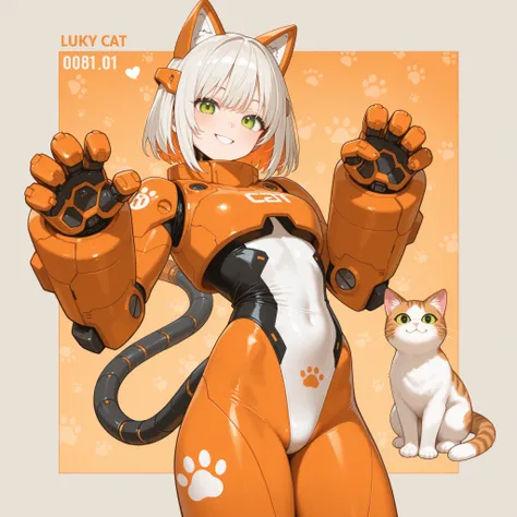 Female Cyborg, Cat ears, smile, Super High Leg Cut, leotard bodysuit,  orange lines , long mecha tail, cat mark, Lucky cat,
