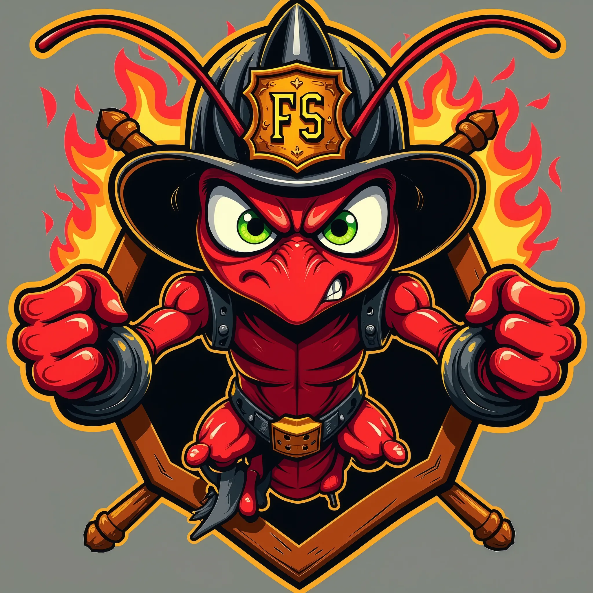 Vector Style , ((comic art)) , (cartoon style) a 5 , Vector-style, "Design a clean, stylized e-gaming logo for a firefighting team featuring a red fire ant with large exaggerated antennas. The red fire an is colorful — with bright, dynamic hues of red, ora...