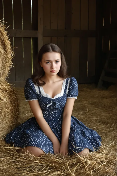 A very beautiful and cute polish girl looks at me in the barn knowing that i am dying.she wears a dress and sits close to me on hay.1940's girl sad