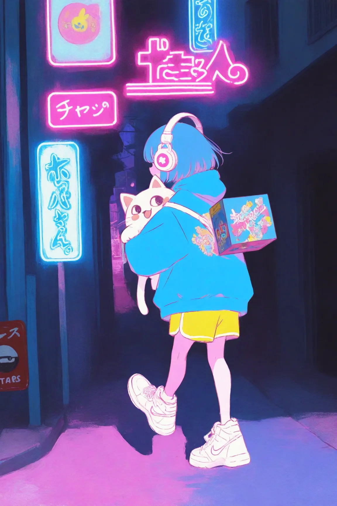 has an energetic and bright expression on the street where neon lights shine at night A girl in her late s is walking,pop icons such as stars,pastelピンクのボブヘアにカラフルなヘアピンを複数つけている,pastel yellow shorts,Clothes are oversized, bright blue hoodies、pastelイエローのショートパンツ、white Nike sneakers,The girl rolls a record box with a carry with her right hand,The record box is white、music and anime characters、full of colorful stickers with the brand logo,kicks one leg forward so you can see walking movements, overaction gait,Buildings,road signs,the background and surroundings are cute cartoon style,Soft Shadows,pastel＆based on vivid colors,large white headphones on the neck、pink and blue neon lights and the city are floating in the background,high definition,bright and pop atmosphere,drawing in every detail, Anime Moe Art Style, Cute Core, cute art style,  cute anime , Official Artwork, cute little character girl, candy punk character design,Lots of rabbits and cats at the girl's feet