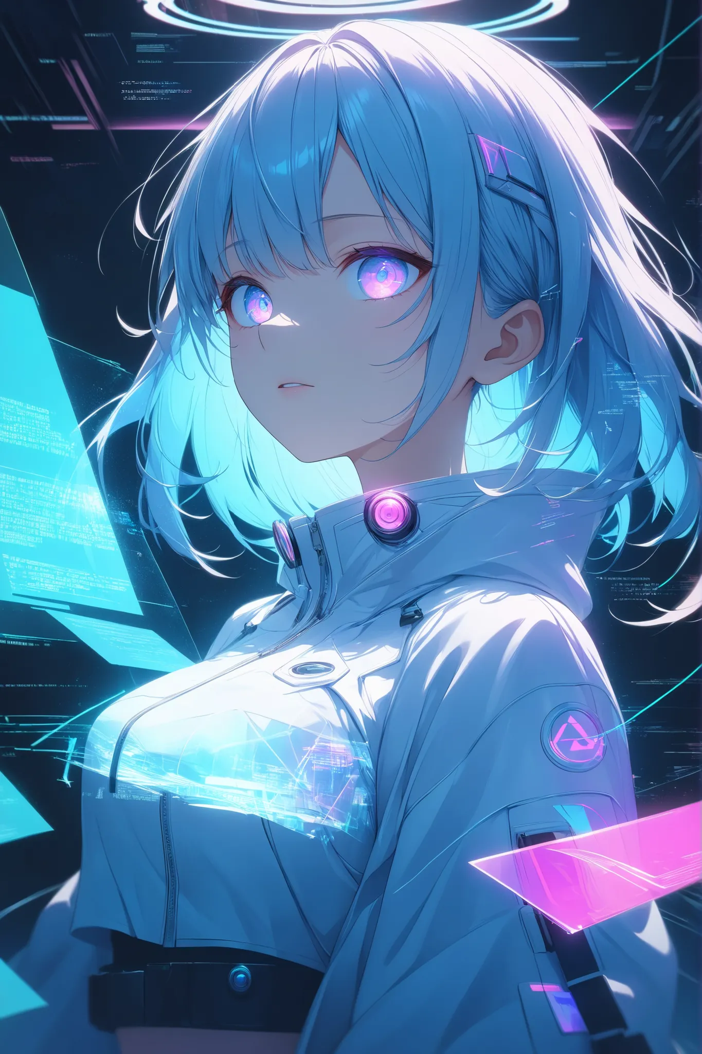 ((masterpiece)), ((anime-real fusion)), ((RAW 4K)), ((realistic digital render)), ((ultra detail)), ((glitch effects)), ((hologram texture)), ((cyberpunk minimal)), ((ethereal glow)), ((digital space)), ((floating code)), ((ghost lighting)), ((volumetric l...