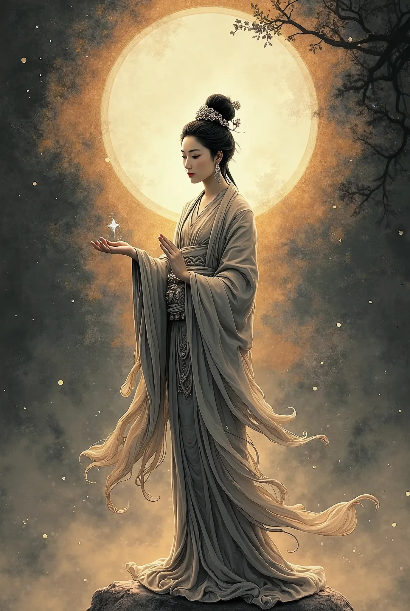  ink painting style, Buddhism, Guanyin Bosatsu costume, Japanese woman wearing a Tang Dynasty costume, dark background, Radial Light Shines, and look at the camera, full body image, Show your right palm in front of your chest, point your left hand down to show your palm