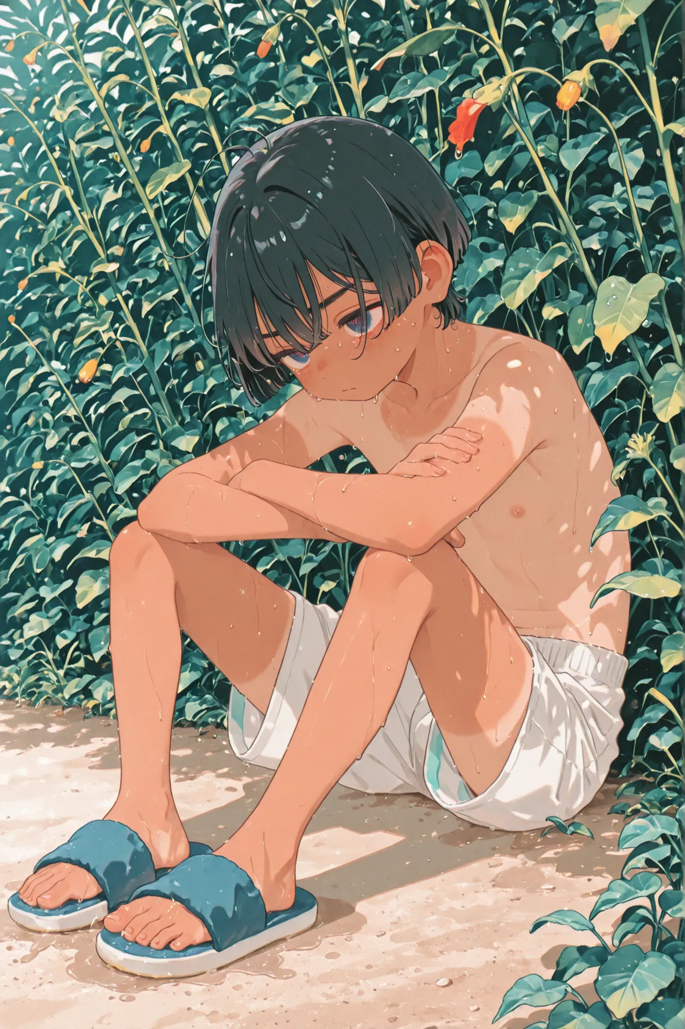 A young boy in the fields outside, winded and sweaty. He is shirtless with shorts on and slides on his feet. He has black hair and a cold and upset look in his eyes. His skin tone is tanned with the sun. He is tiny